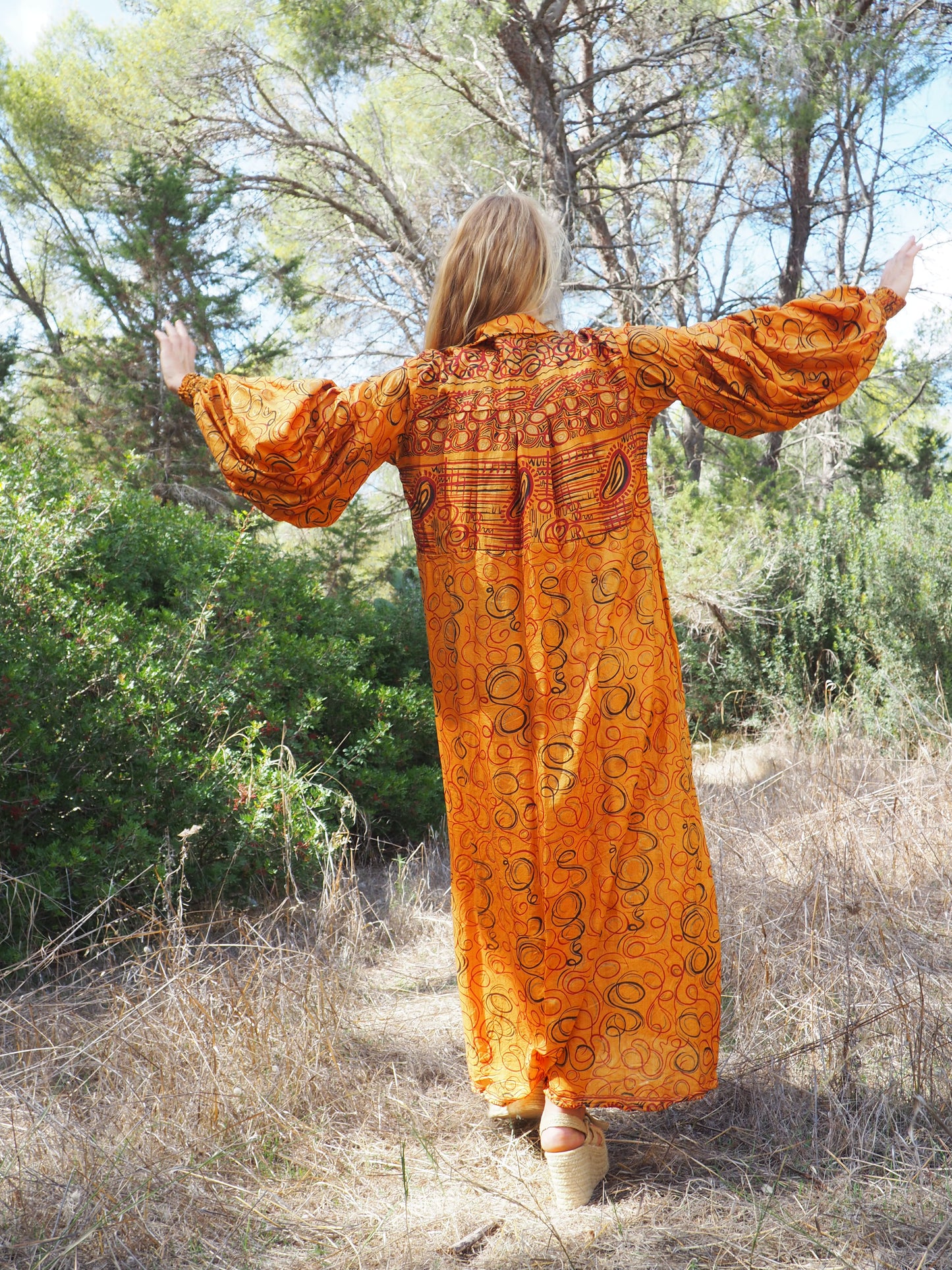 Vintage Indian sari dress with oversized sleeves up-cycled by Vagabond Ibiza