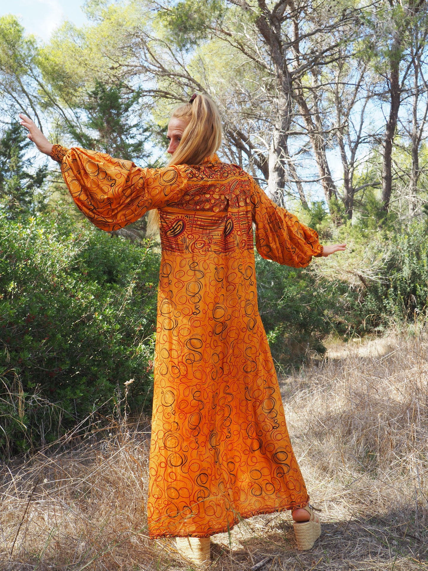 Vintage Indian sari dress with oversized sleeves up-cycled by Vagabond Ibiza