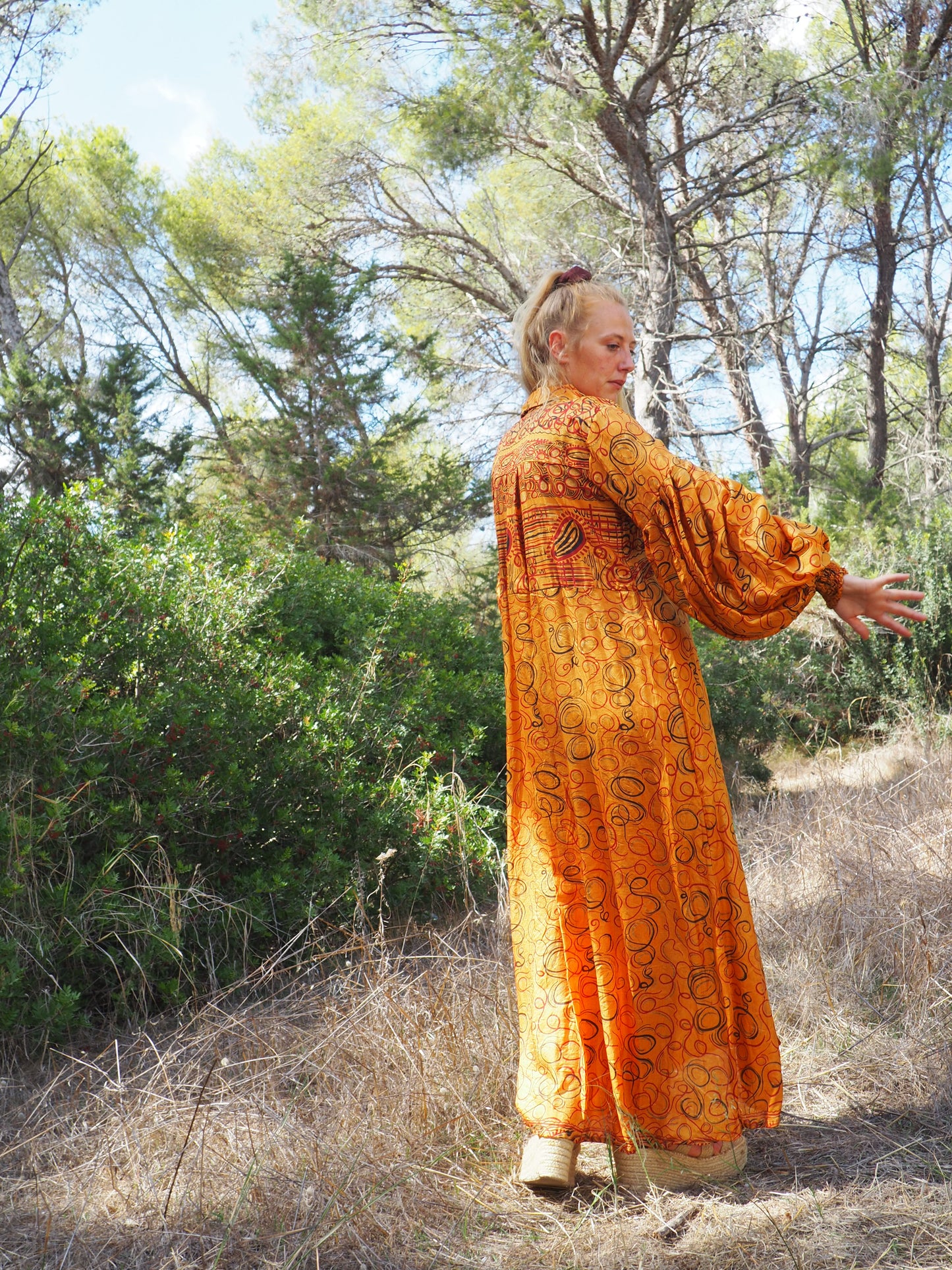 Vintage Indian sari dress with oversized sleeves up-cycled by Vagabond Ibiza