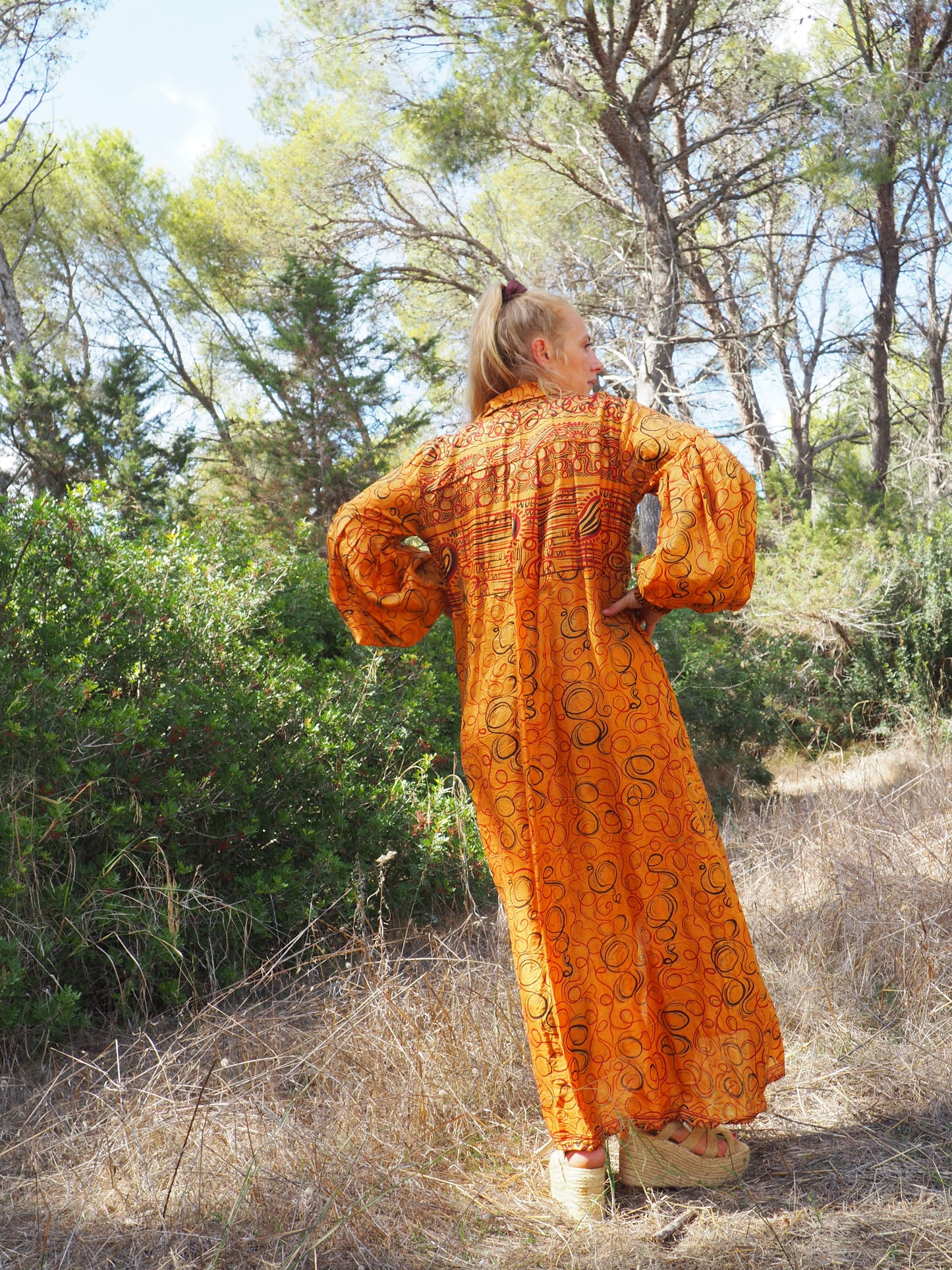 Vintage Indian sari dress with oversized sleeves up-cycled by Vagabond Ibiza