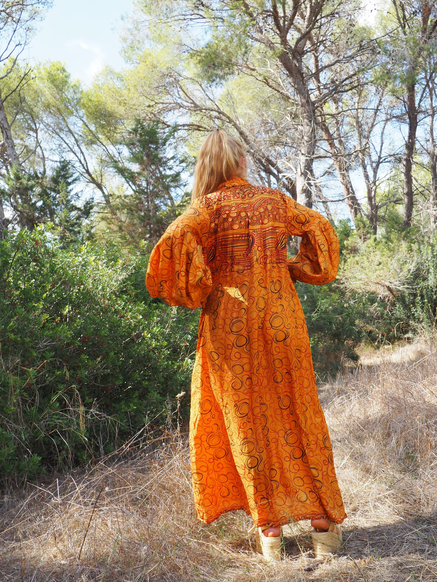 Vintage Indian sari dress with oversized sleeves up-cycled by Vagabond Ibiza