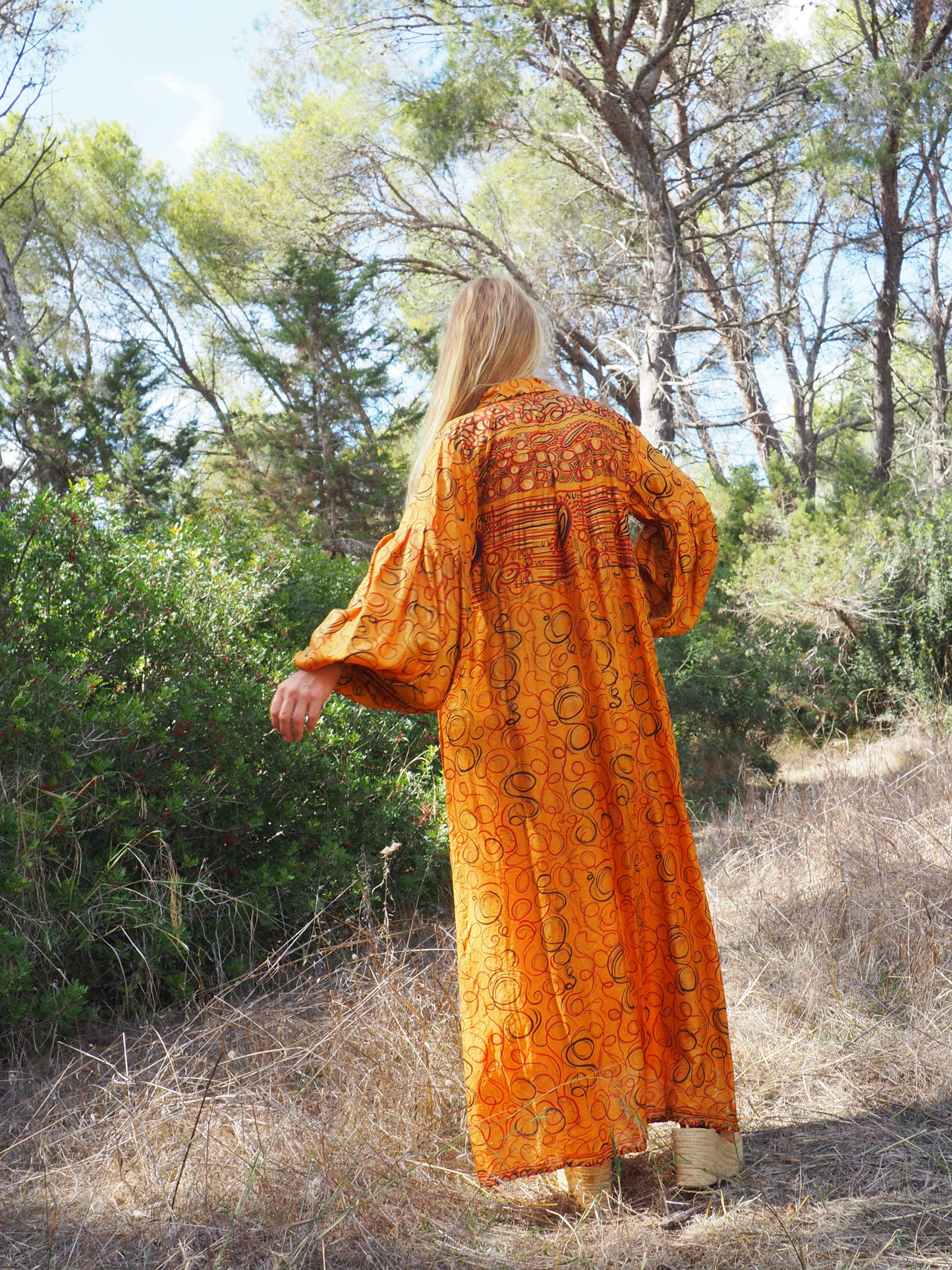 Vintage Indian sari dress with oversized sleeves up-cycled by Vagabond Ibiza