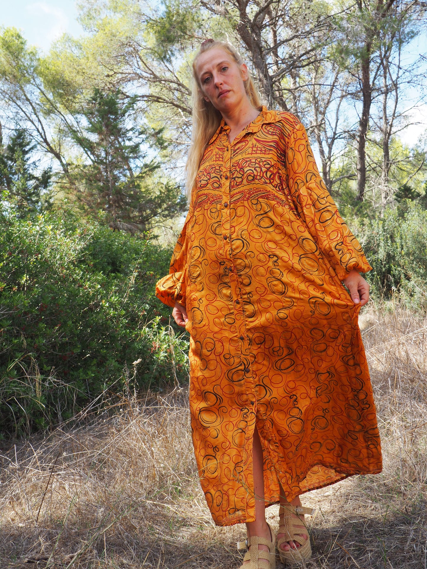 Vintage Indian sari dress with oversized sleeves up-cycled by Vagabond Ibiza