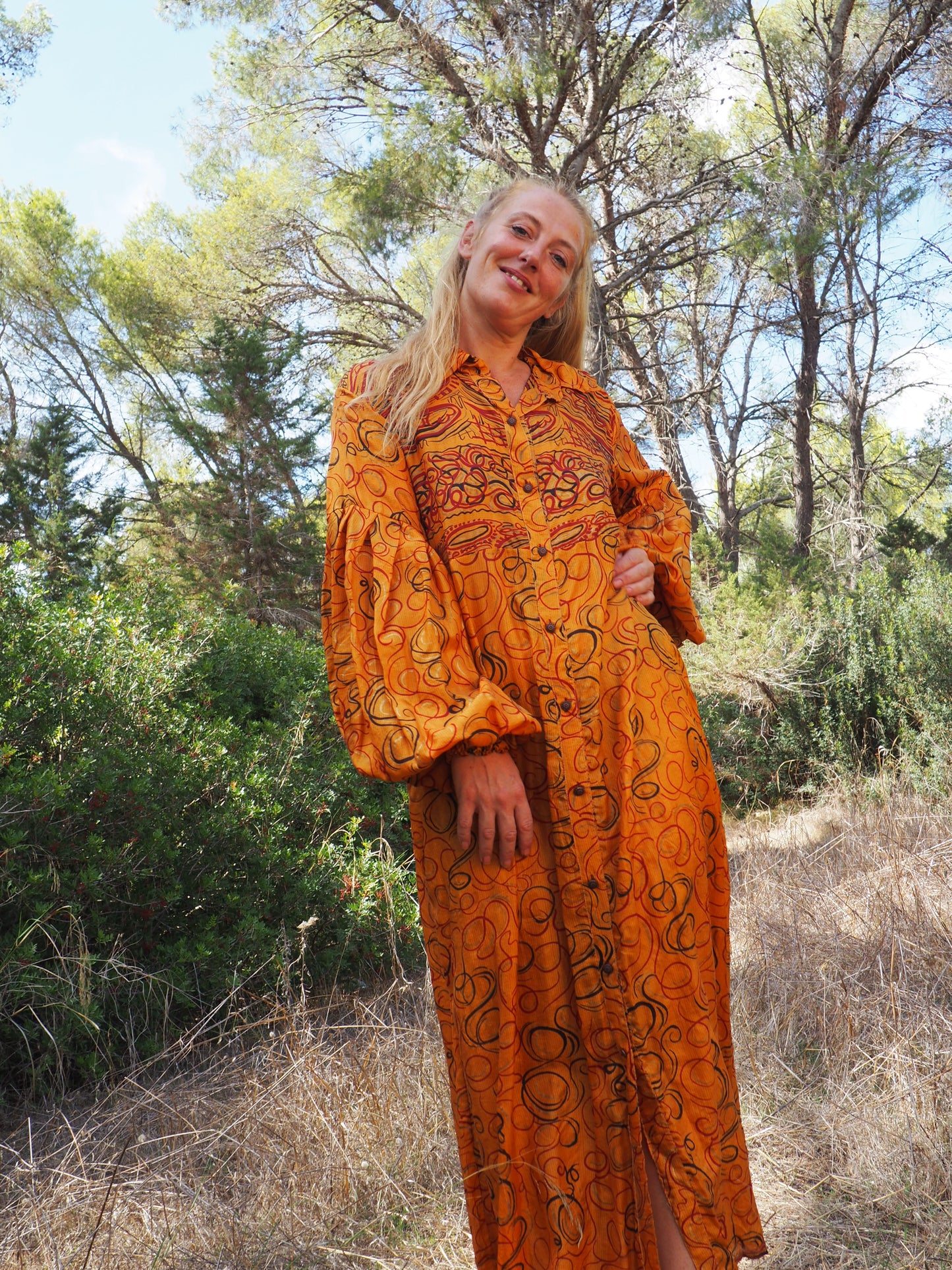 Vintage Indian sari dress with oversized sleeves up-cycled by Vagabond Ibiza