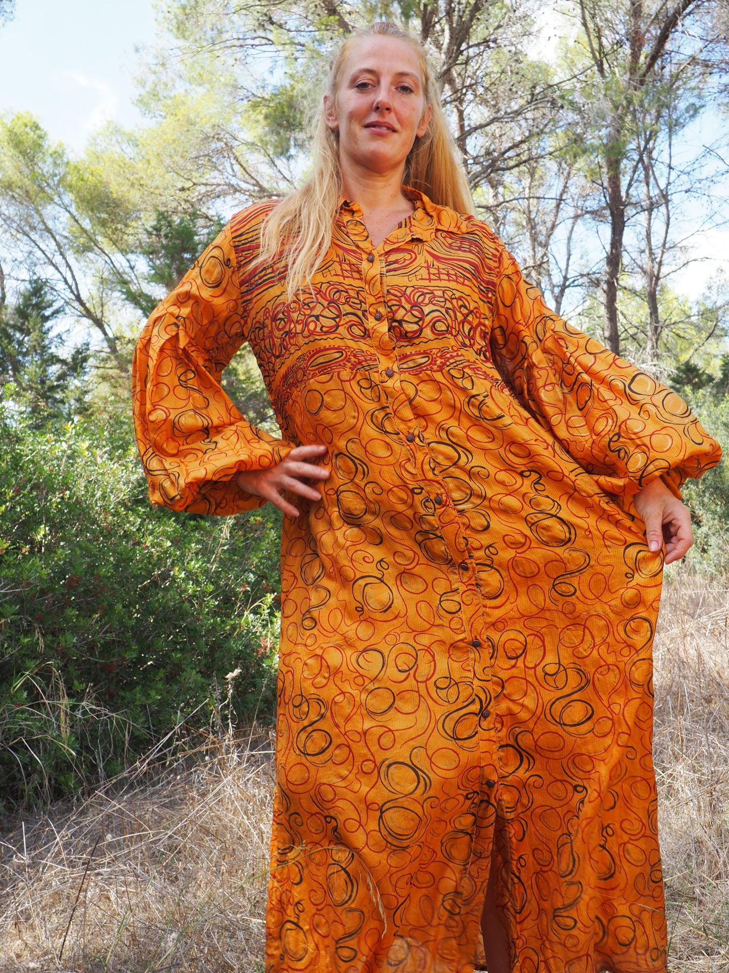 Vintage Indian sari dress with oversized sleeves up-cycled by Vagabond Ibiza