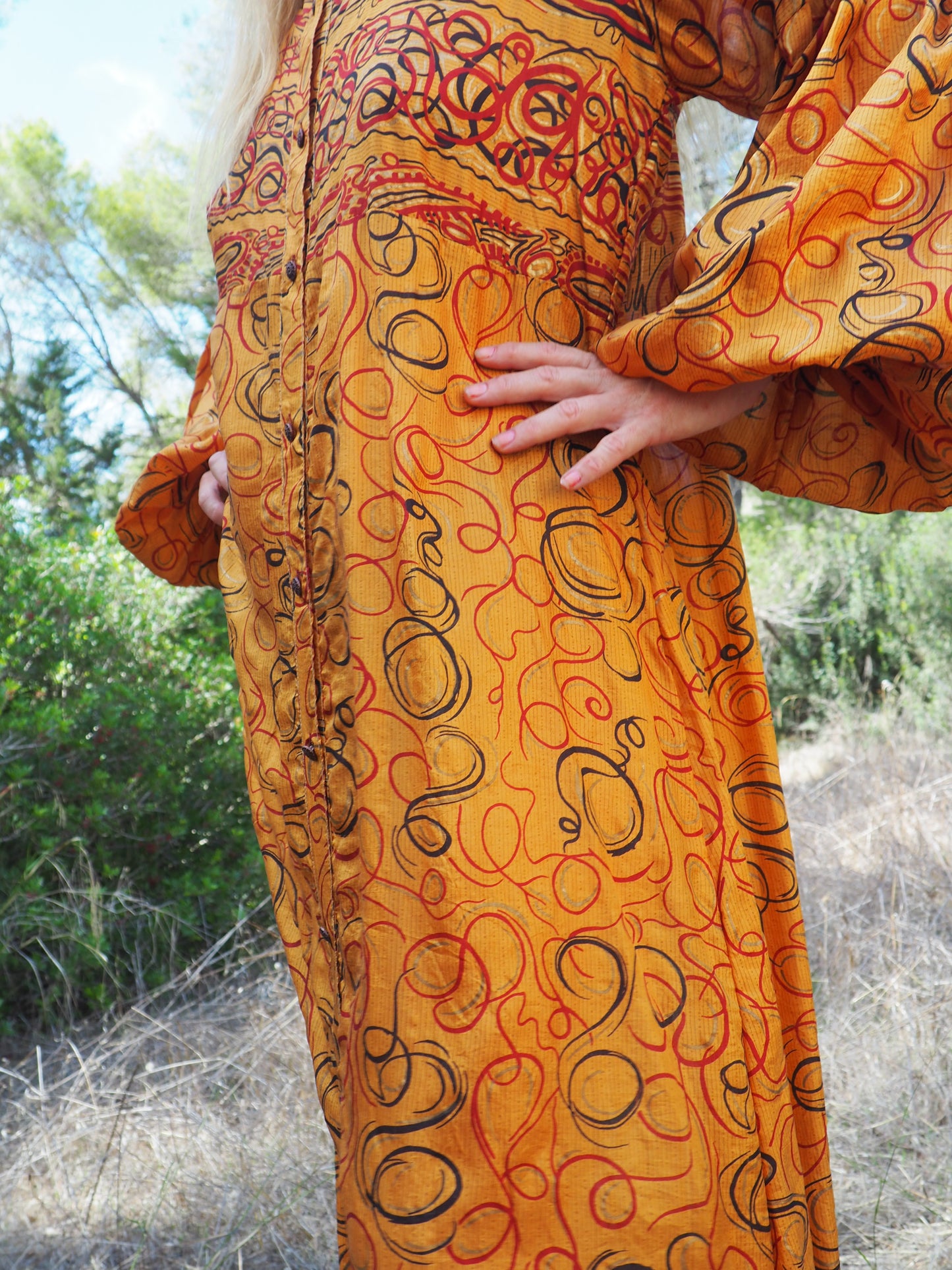 Vintage Indian sari dress with oversized sleeves up-cycled by Vagabond Ibiza
