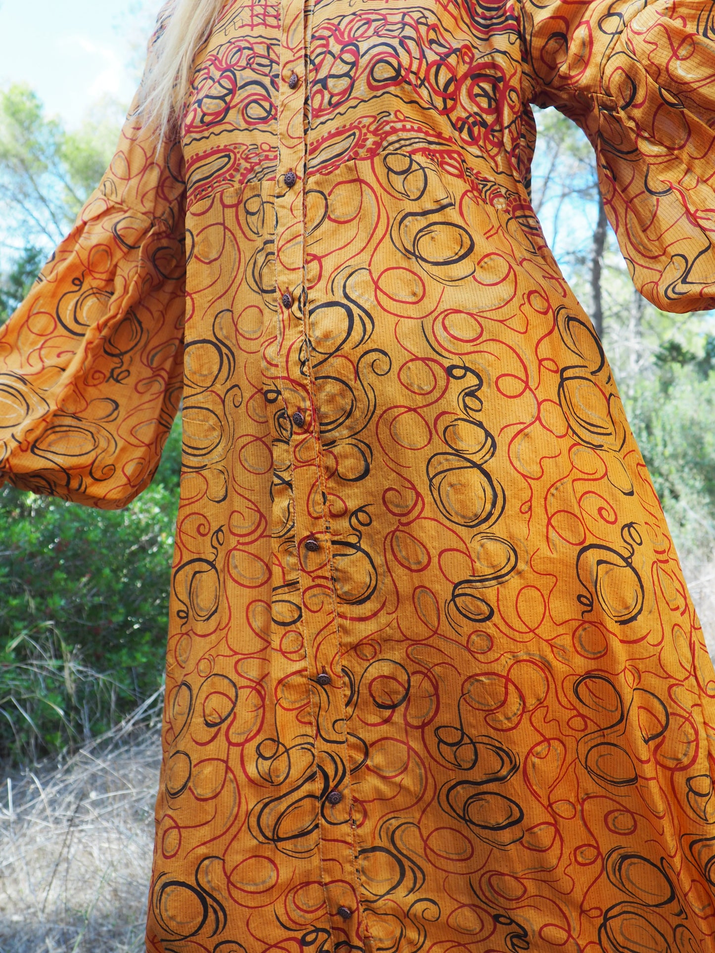 Vintage Indian sari dress with oversized sleeves up-cycled by Vagabond Ibiza
