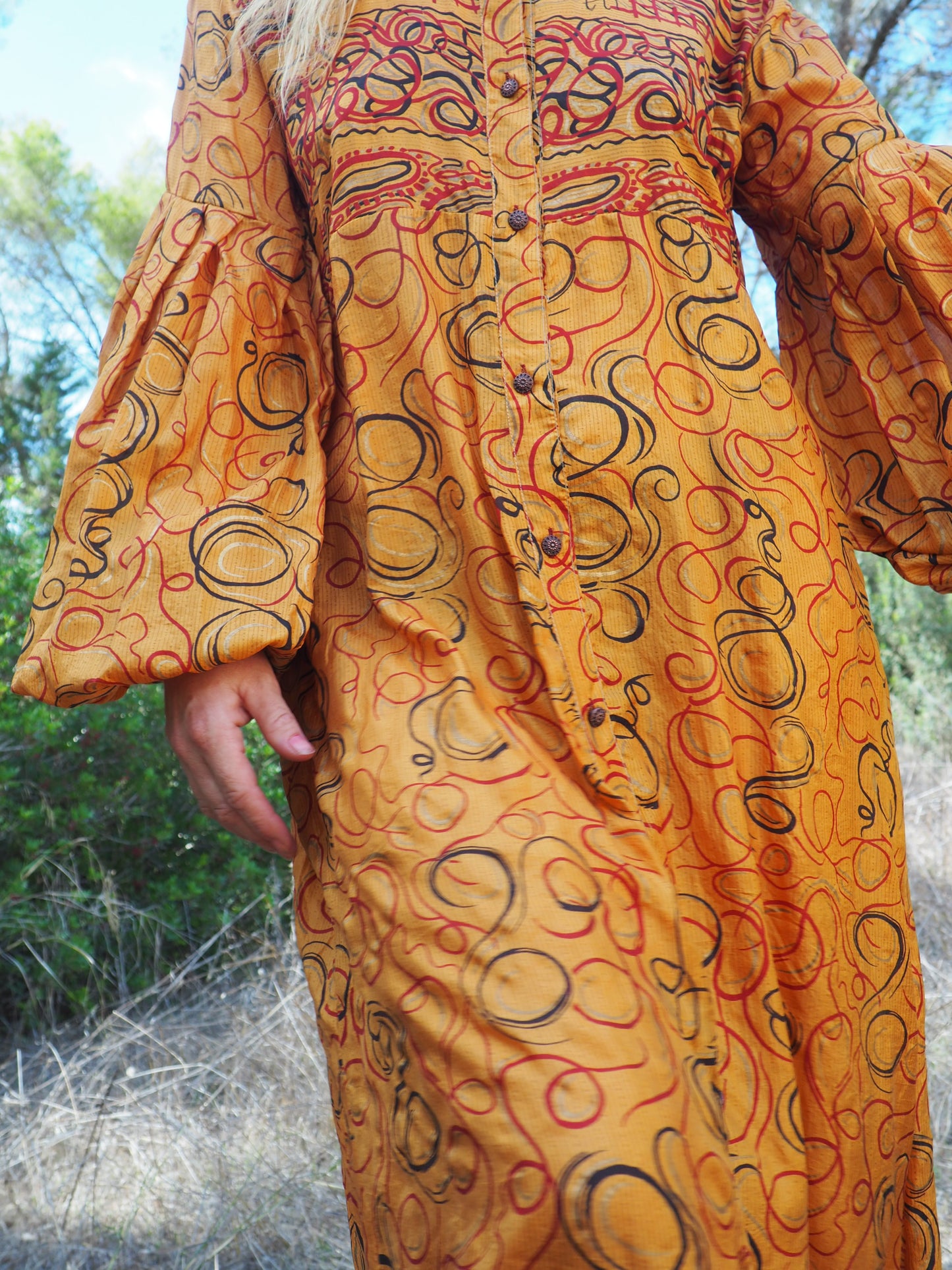 Vintage Indian sari dress with oversized sleeves up-cycled by Vagabond Ibiza