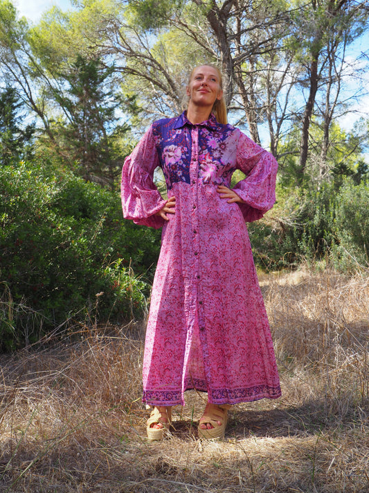 Vintage Indian sari dress with oversized sleeves up-cycled by Vagabond Ibiza
