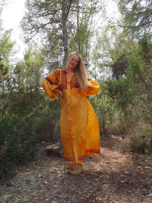 Vintage Indian sari dress with oversized sleeves up-cycled by Vagabond Ibiza