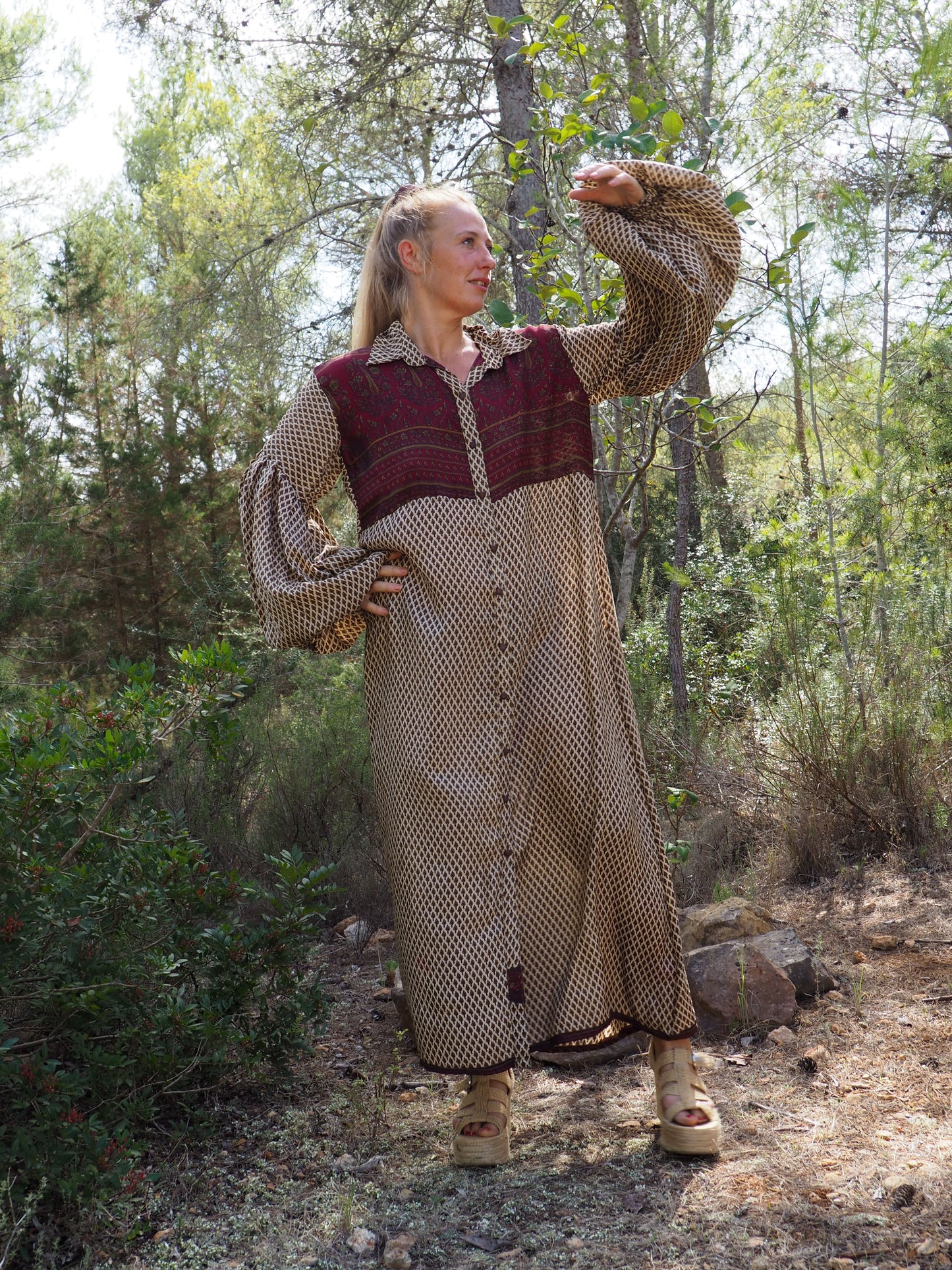 Vintage Indian sari dress with oversized sleeves up-cycled by Vagabond Ibiza