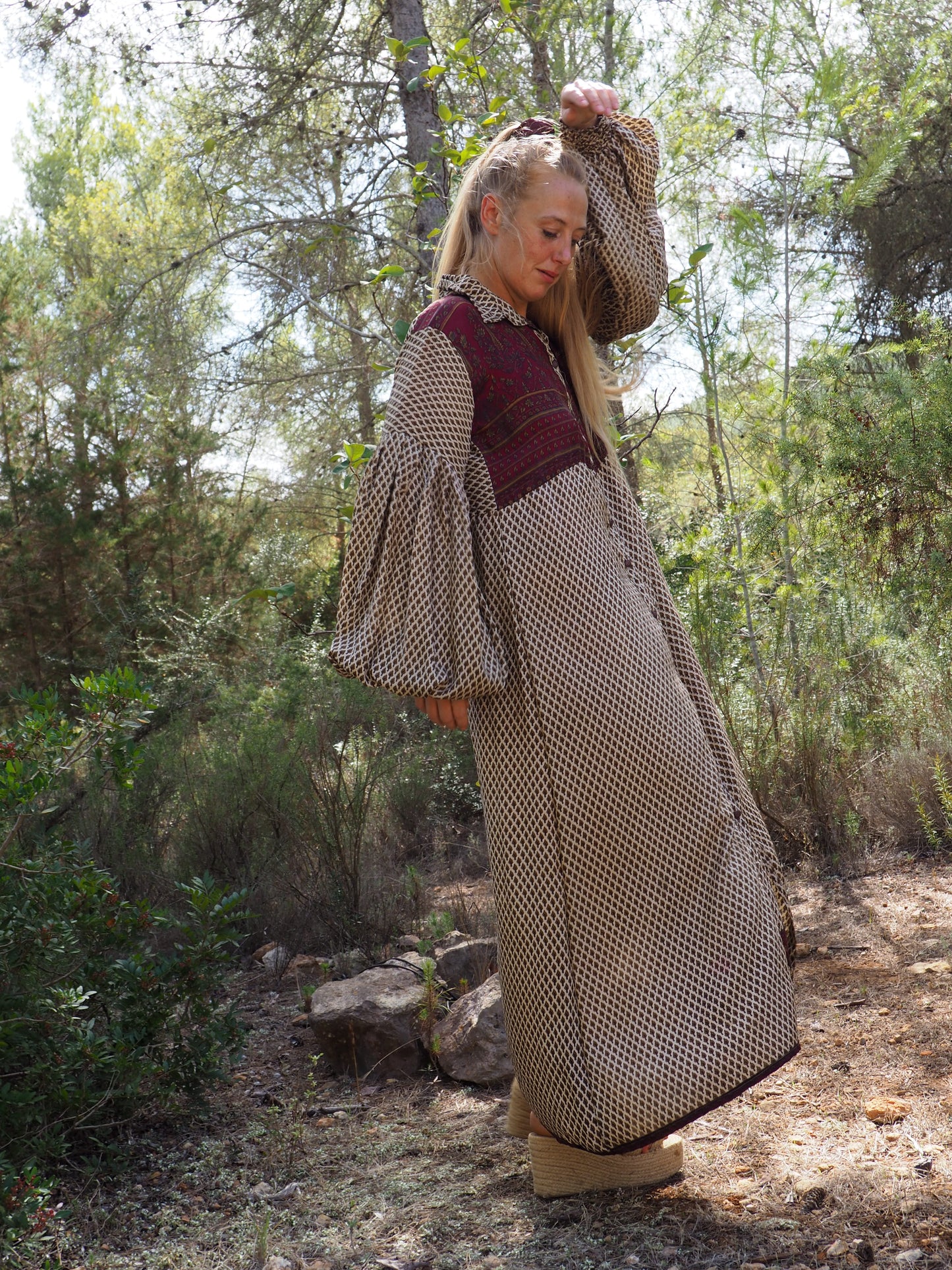 Vintage Indian sari dress with oversized sleeves up-cycled by Vagabond Ibiza