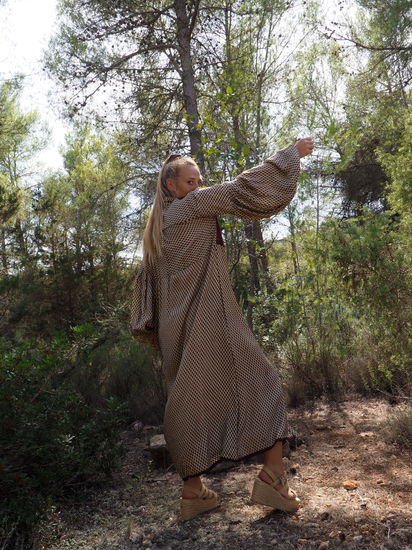 Vintage Indian sari dress with oversized sleeves up-cycled by Vagabond Ibiza