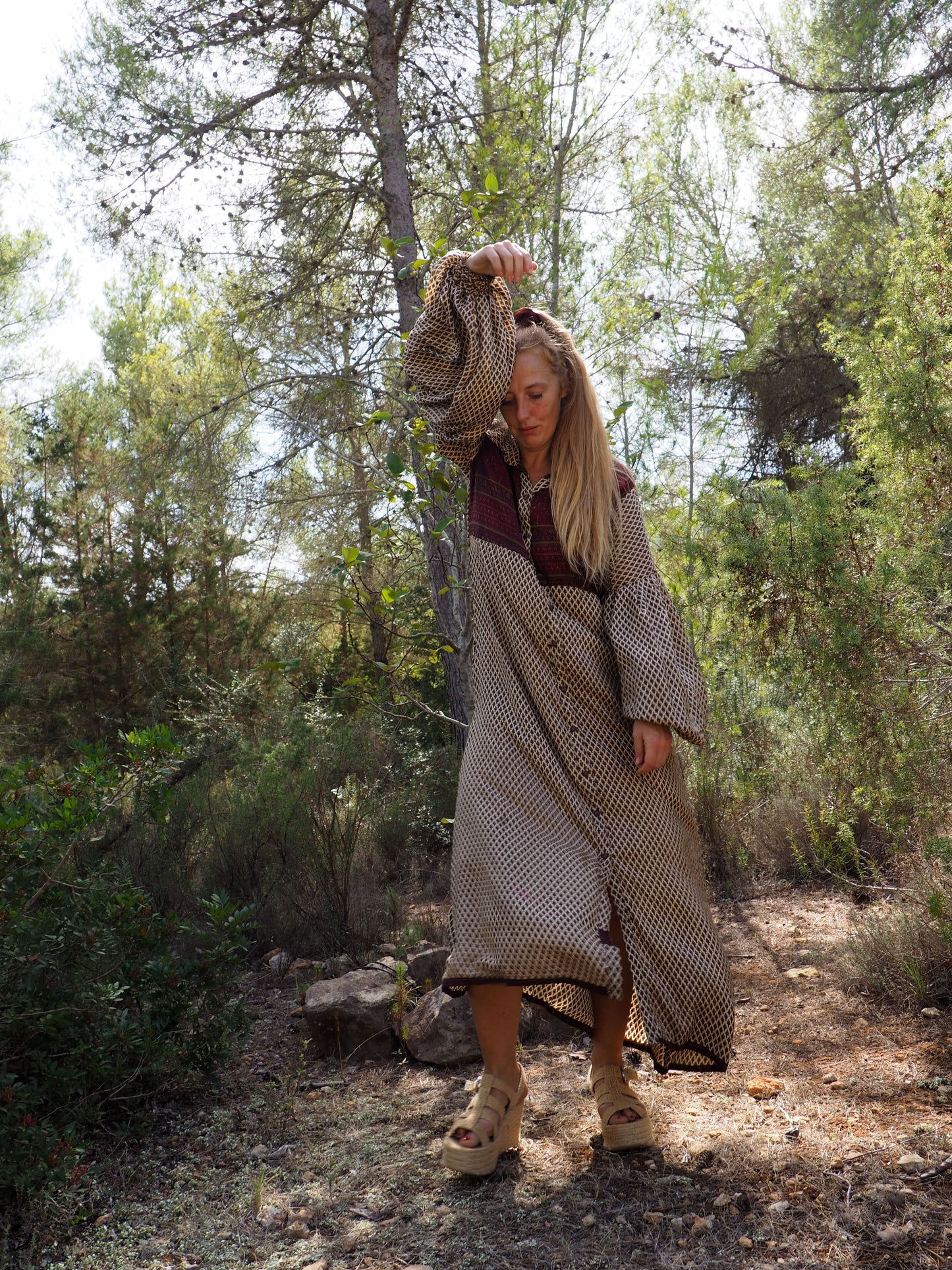 Vintage Indian sari dress with oversized sleeves up-cycled by Vagabond Ibiza