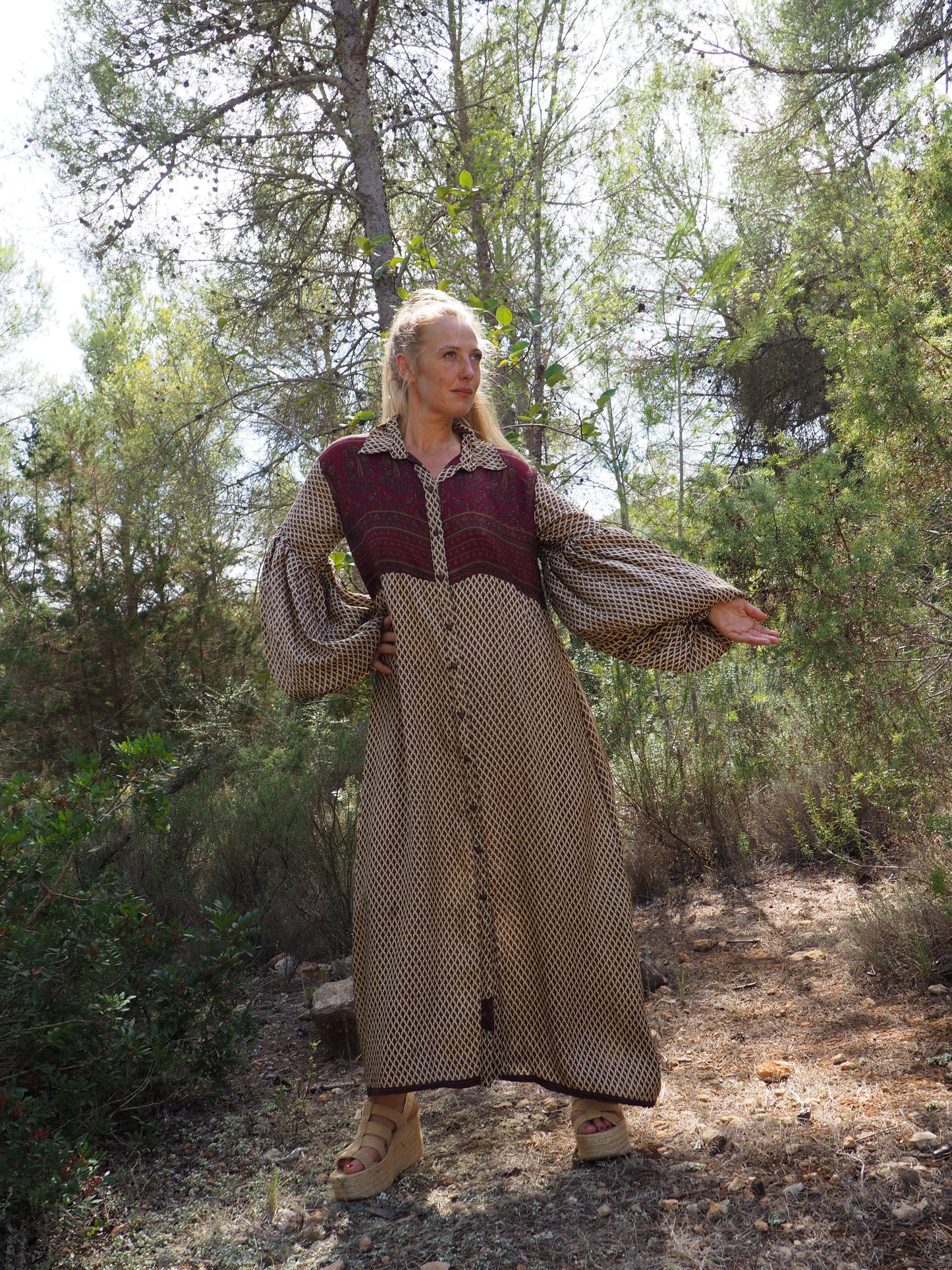 Vintage Indian sari dress with oversized sleeves up-cycled by Vagabond Ibiza