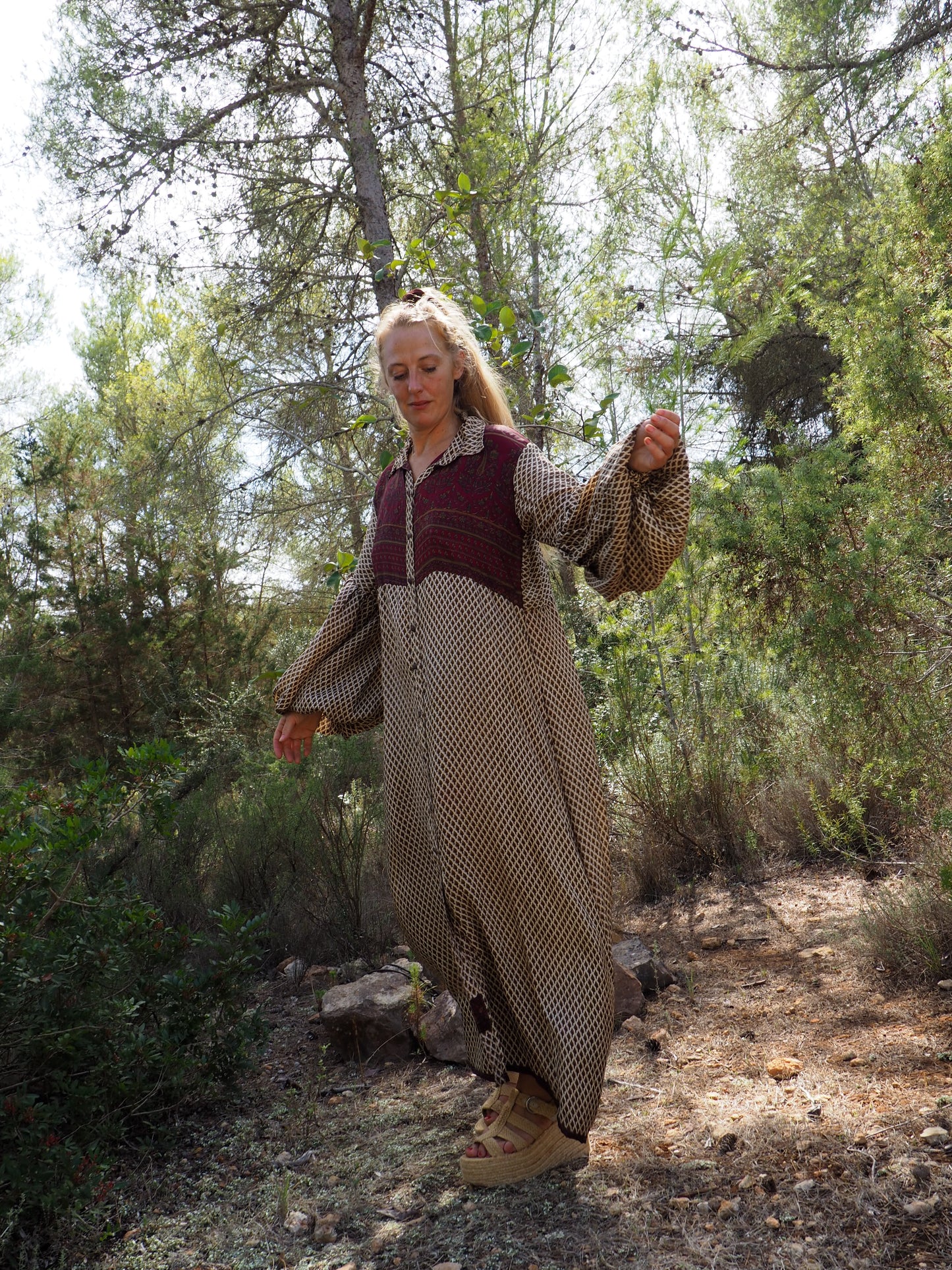 Vintage Indian sari dress with oversized sleeves up-cycled by Vagabond Ibiza