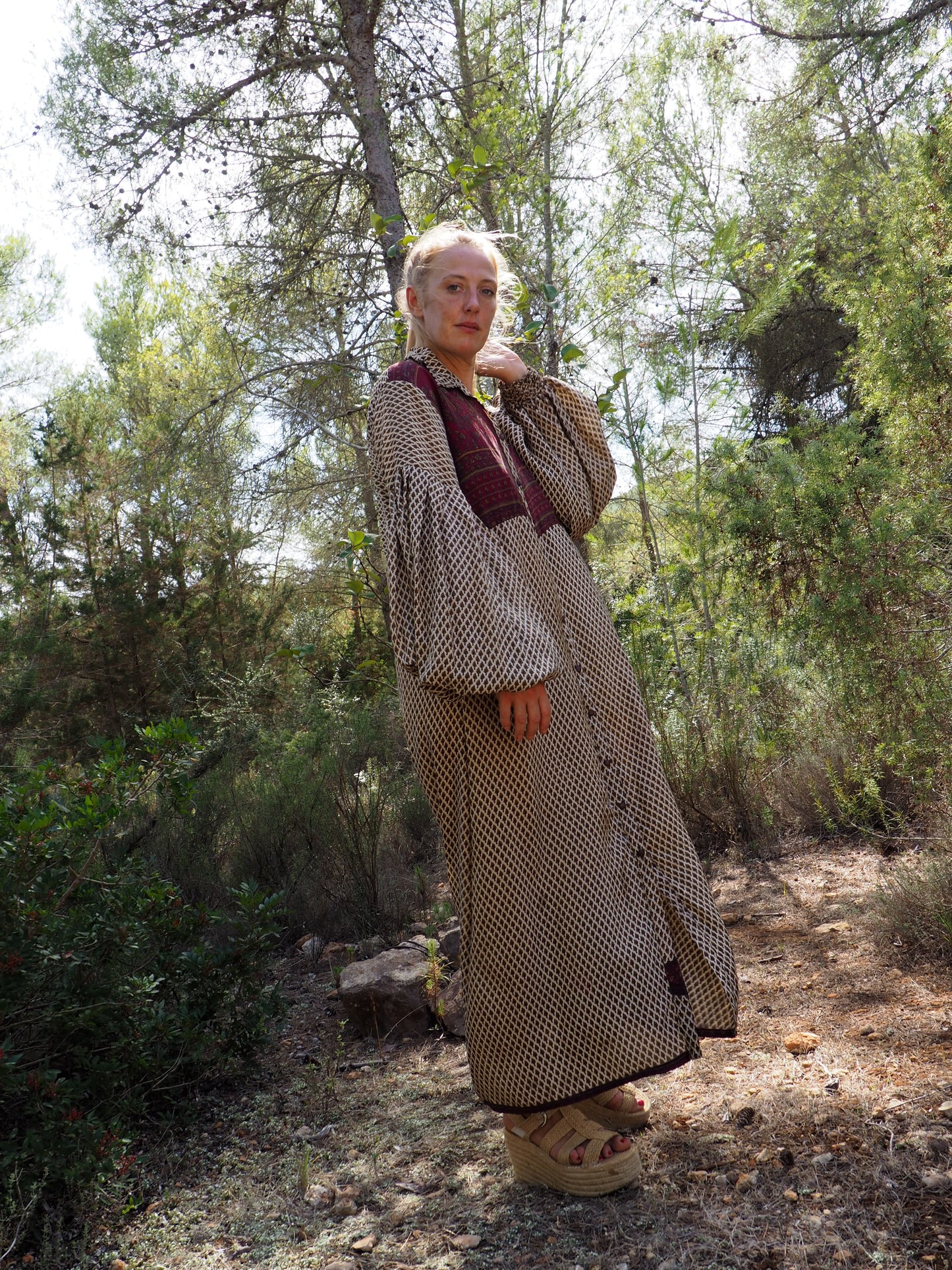 Vintage Indian sari dress with oversized sleeves up-cycled by Vagabond Ibiza