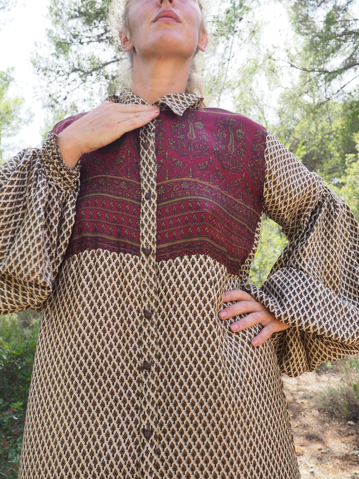Vintage Indian sari dress with oversized sleeves up-cycled by Vagabond Ibiza