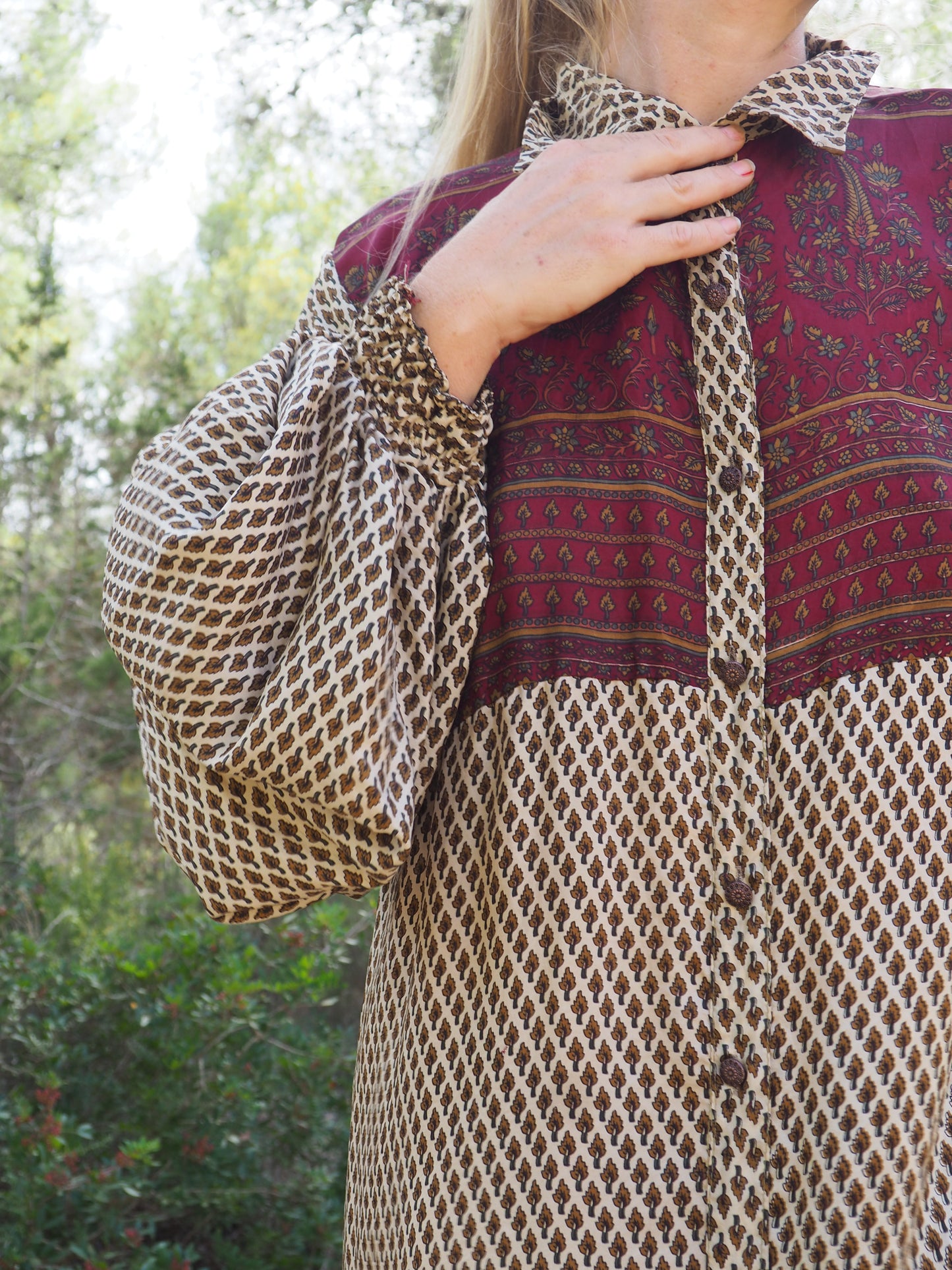 Vintage Indian sari dress with oversized sleeves up-cycled by Vagabond Ibiza