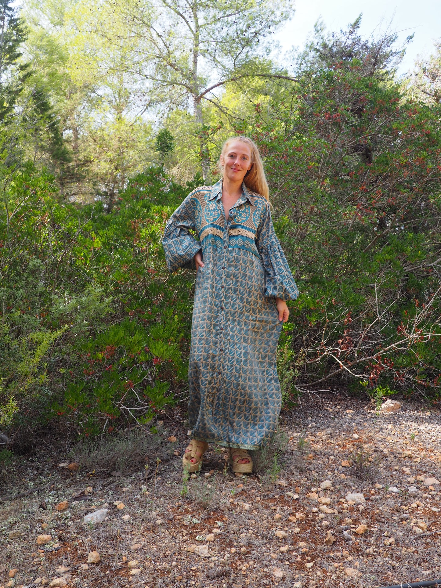 Vintage Indian sari dress with oversized sleeves up-cycled by Vagabond Ibiza