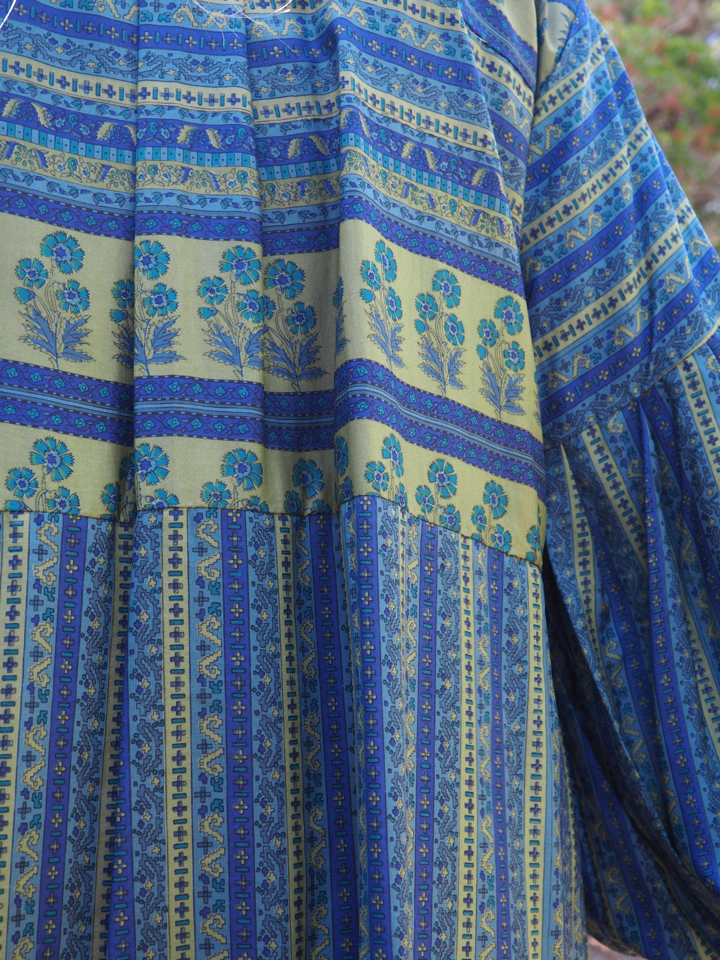 Vintage Indian sari dress with oversized sleeves up-cycled by Vagabond Ibiza