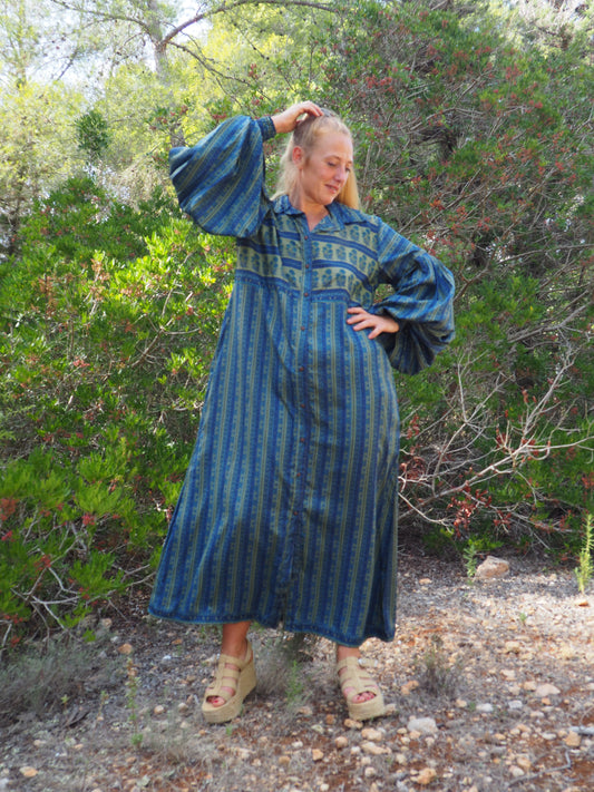 Vintage Indian sari dress with oversized sleeves up-cycled by Vagabond Ibiza