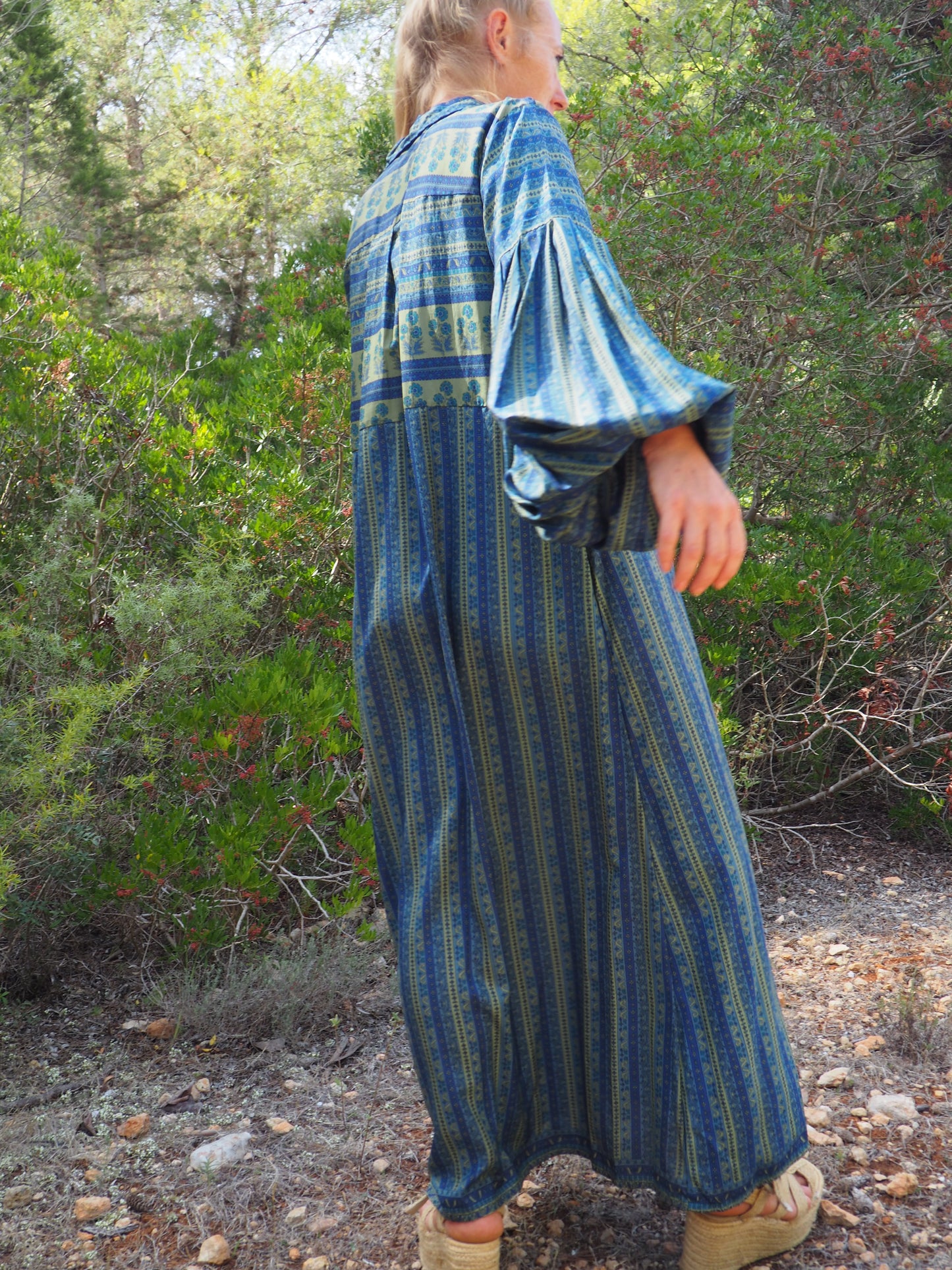 Vintage Indian sari dress with oversized sleeves up-cycled by Vagabond Ibiza