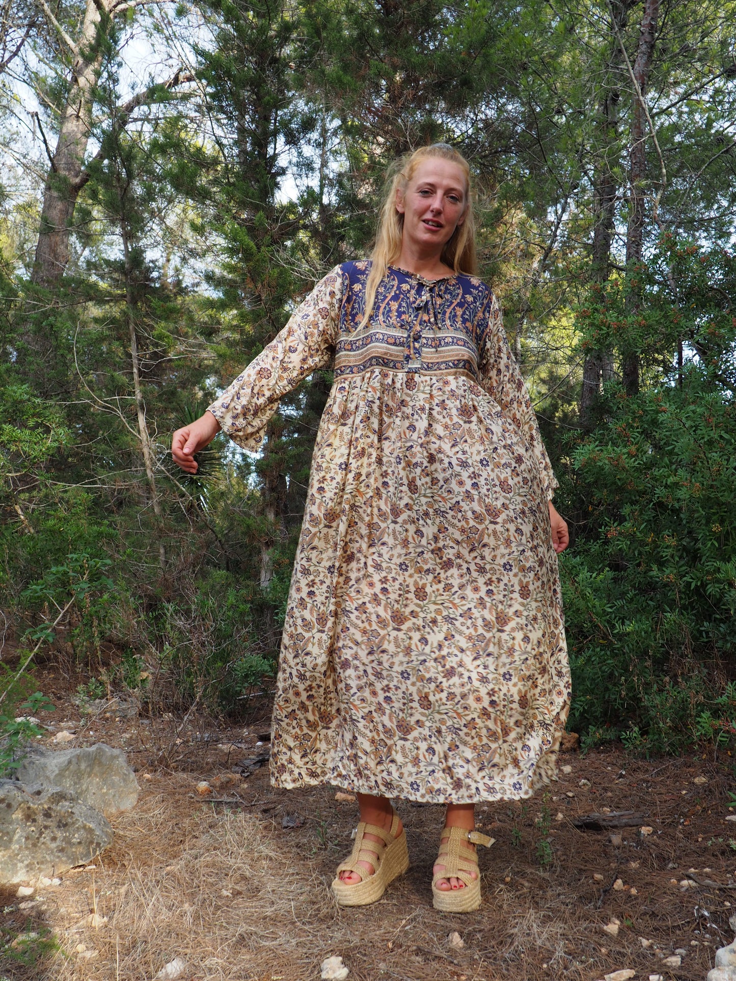 Vintage Indian sari dress with oversized sleeves up-cycled by Vagabond Ibiza