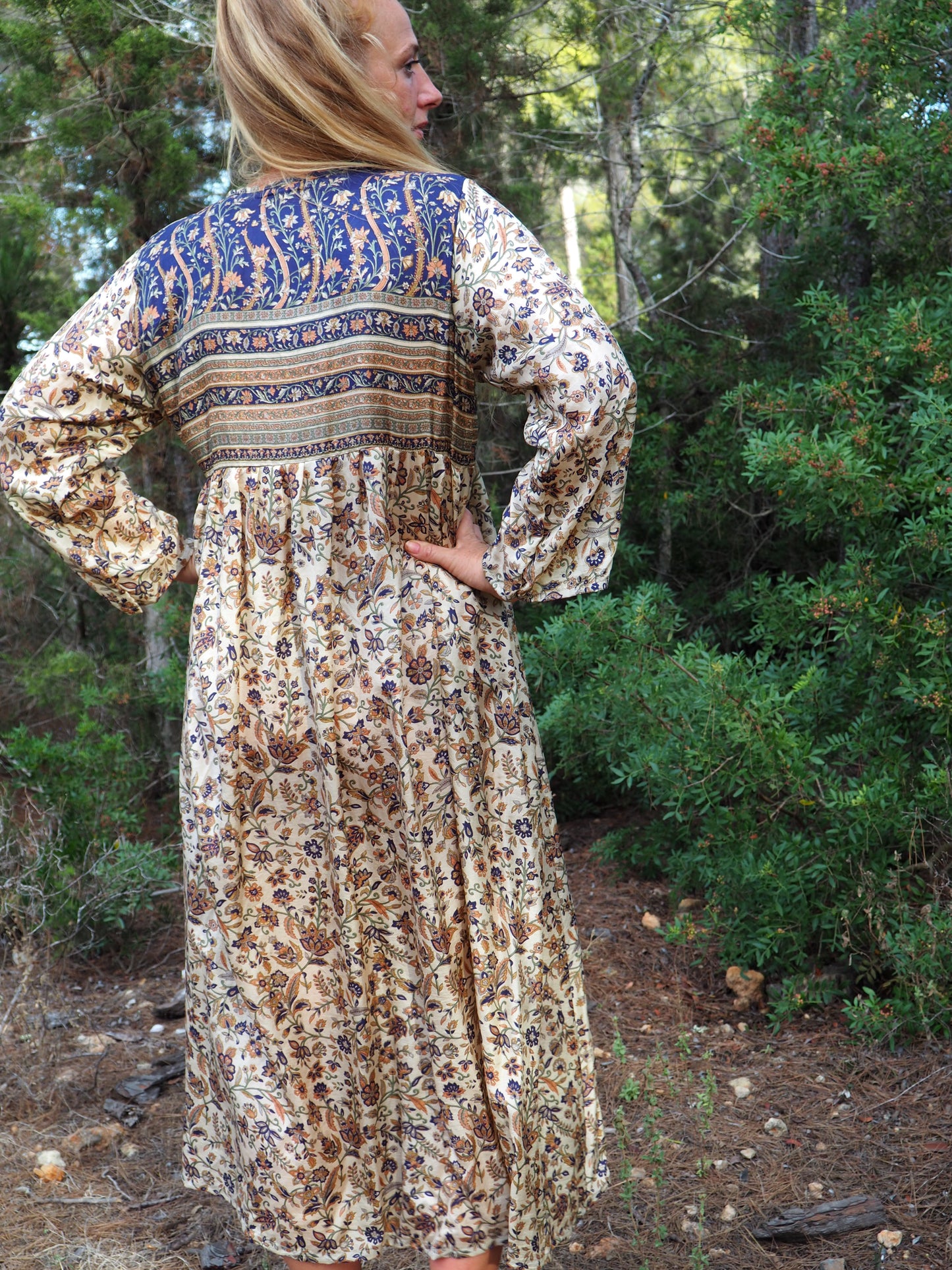 Vintage Indian sari dress with oversized sleeves up-cycled by Vagabond Ibiza