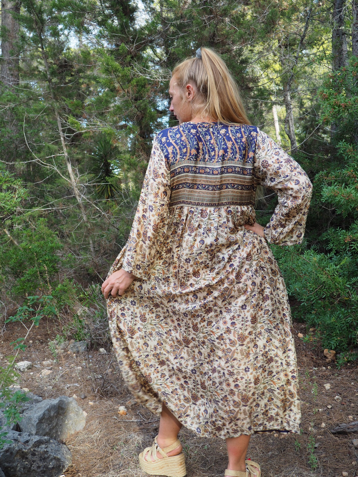 Vintage Indian sari dress with oversized sleeves up-cycled by Vagabond Ibiza