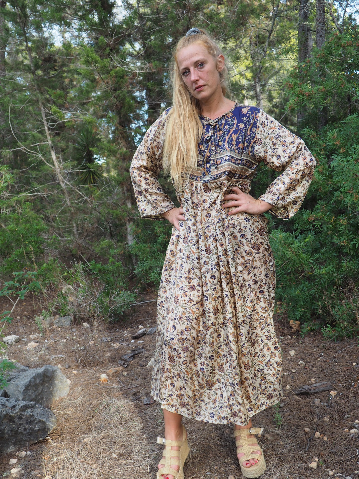 Vintage Indian sari dress with oversized sleeves up-cycled by Vagabond Ibiza