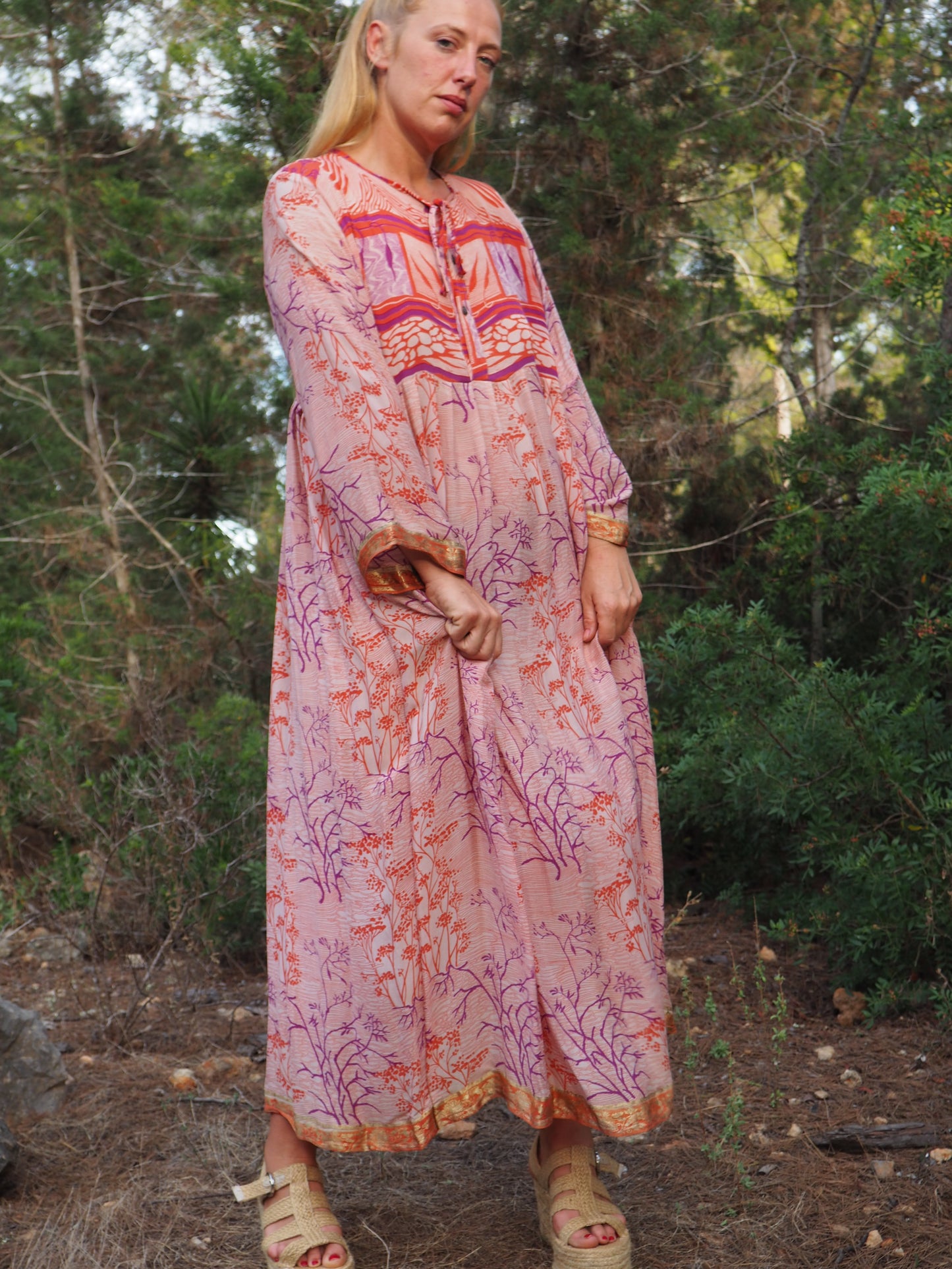 Vintage Indian sari dress with oversized sleeves up-cycled by Vagabond Ibiza