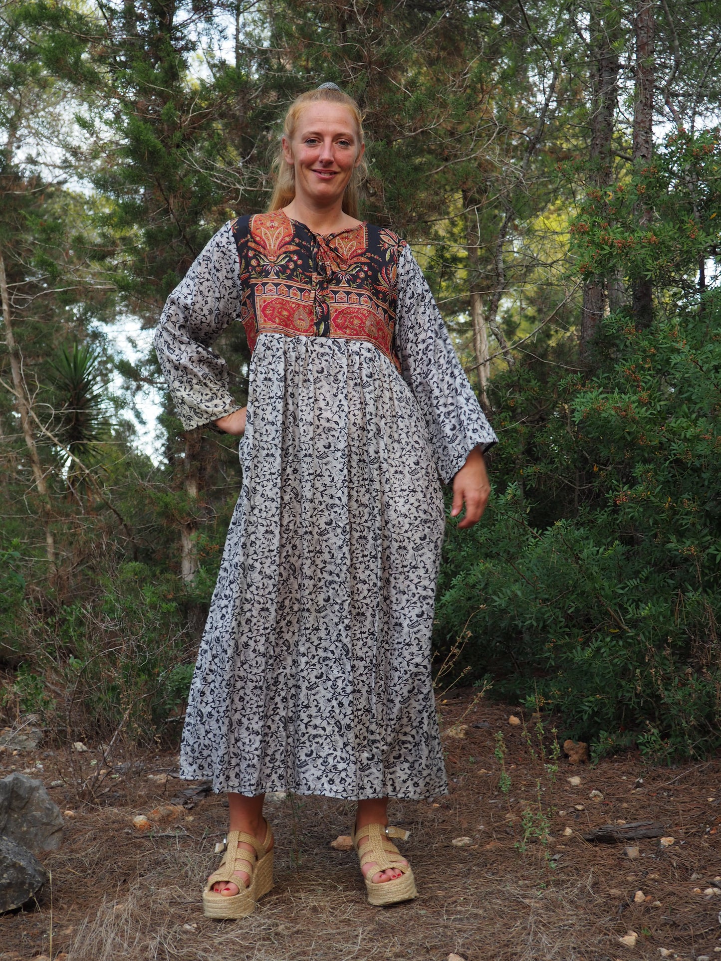 Vintage Indian sari dress with oversized sleeves up-cycled by Vagabond Ibiza