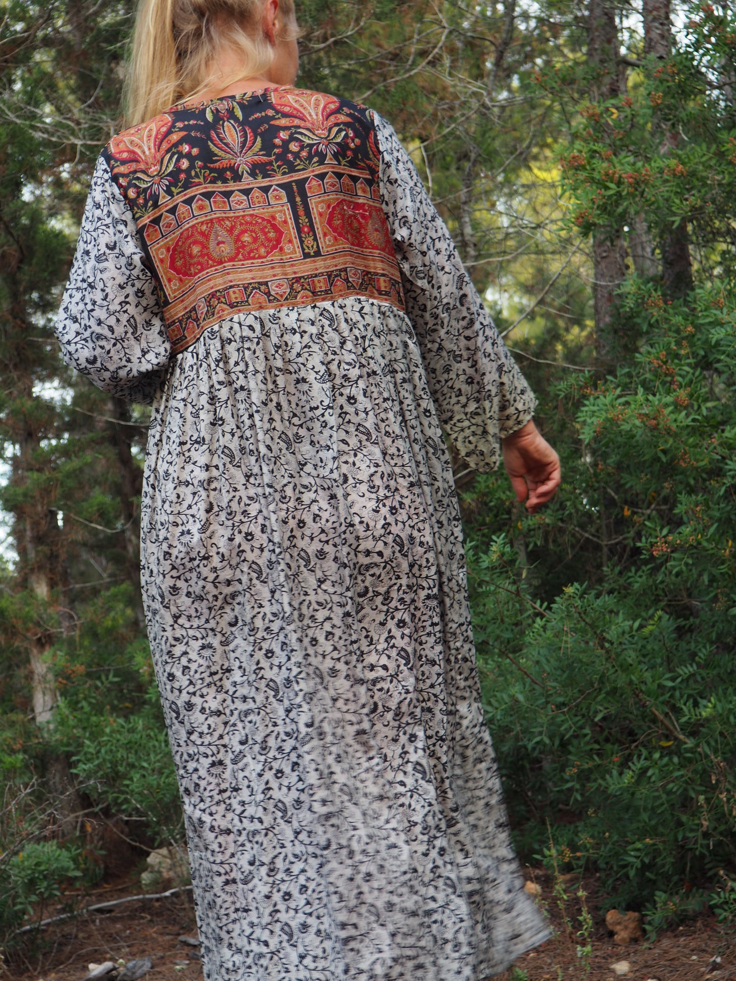 Vintage Indian sari dress with oversized sleeves up-cycled by Vagabond Ibiza