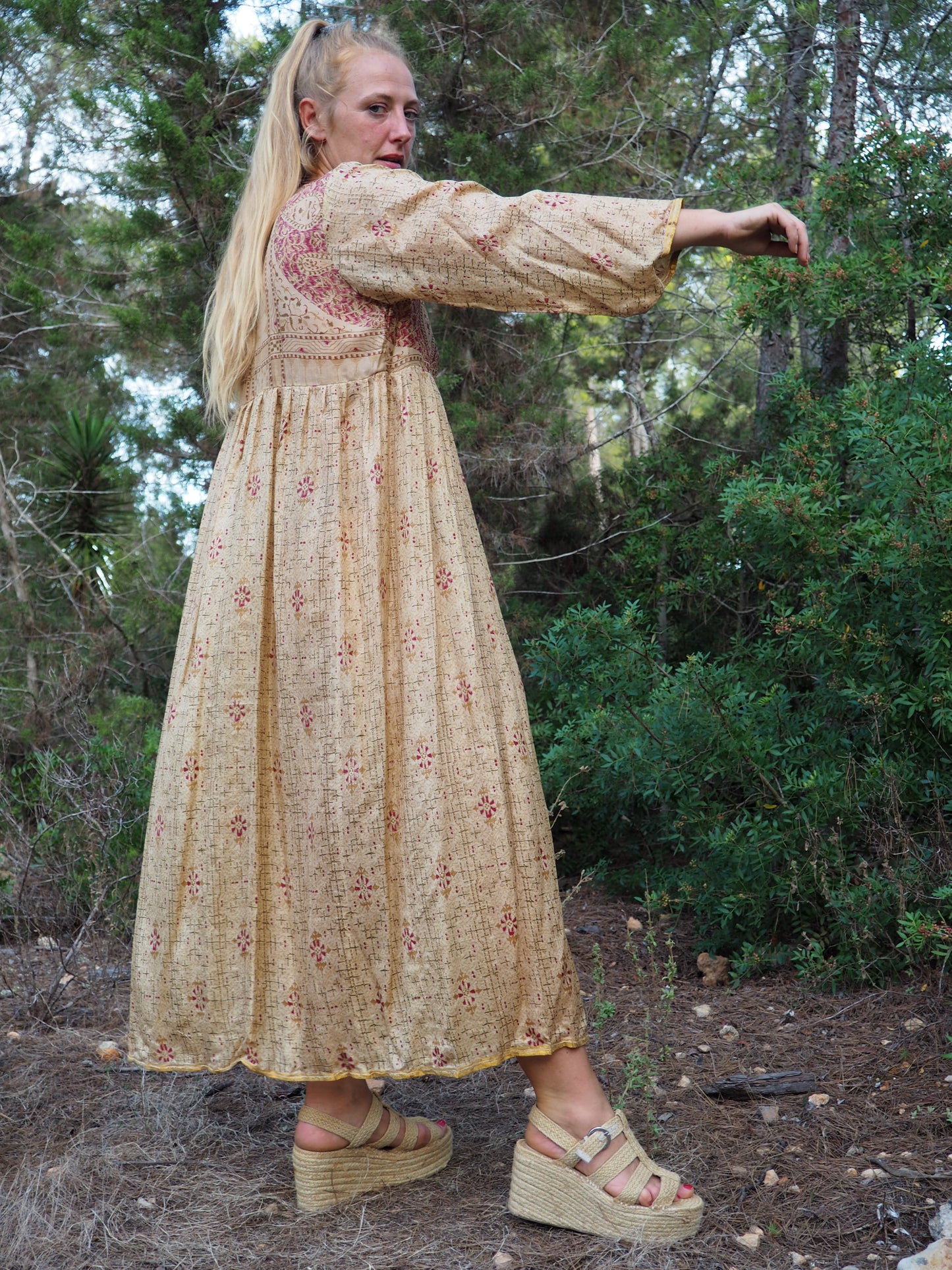 Vintage Indian sari dress with oversized sleeves up-cycled by Vagabond Ibiza
