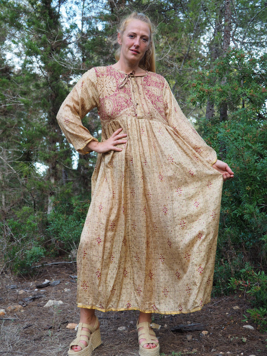 Vintage Indian sari dress with oversized sleeves up-cycled by Vagabond Ibiza