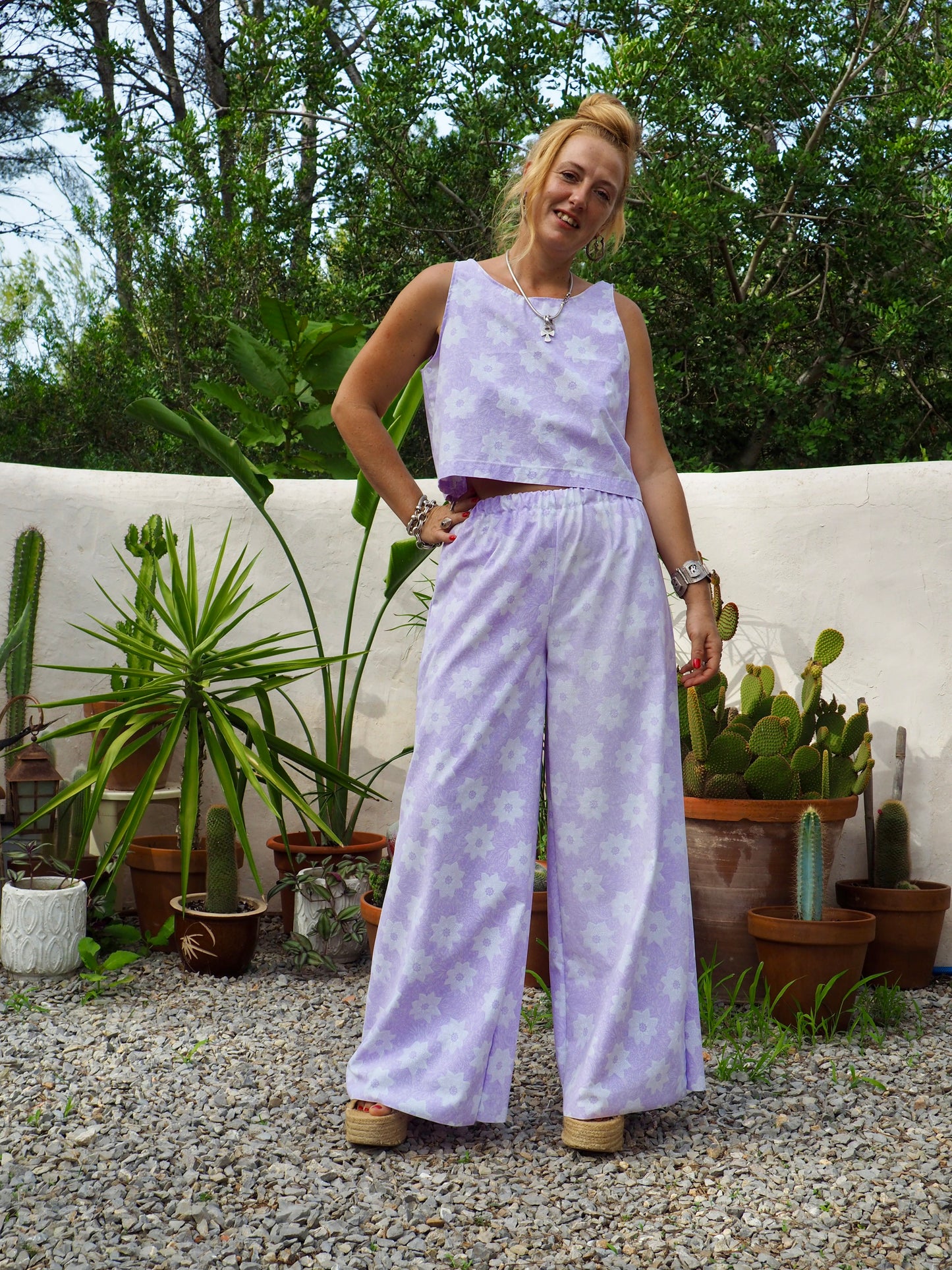 Vintage purple and white floral pattern textiles crop top t-shirt up-cycled by Vagabond Ibiza