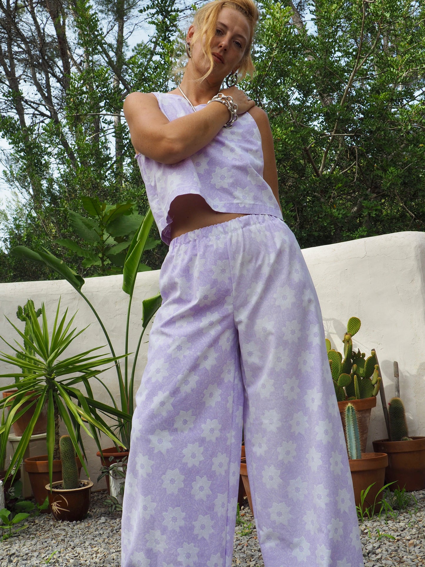Vintage purple and white floral pattern textiles crop top t-shirt up-cycled by Vagabond Ibiza