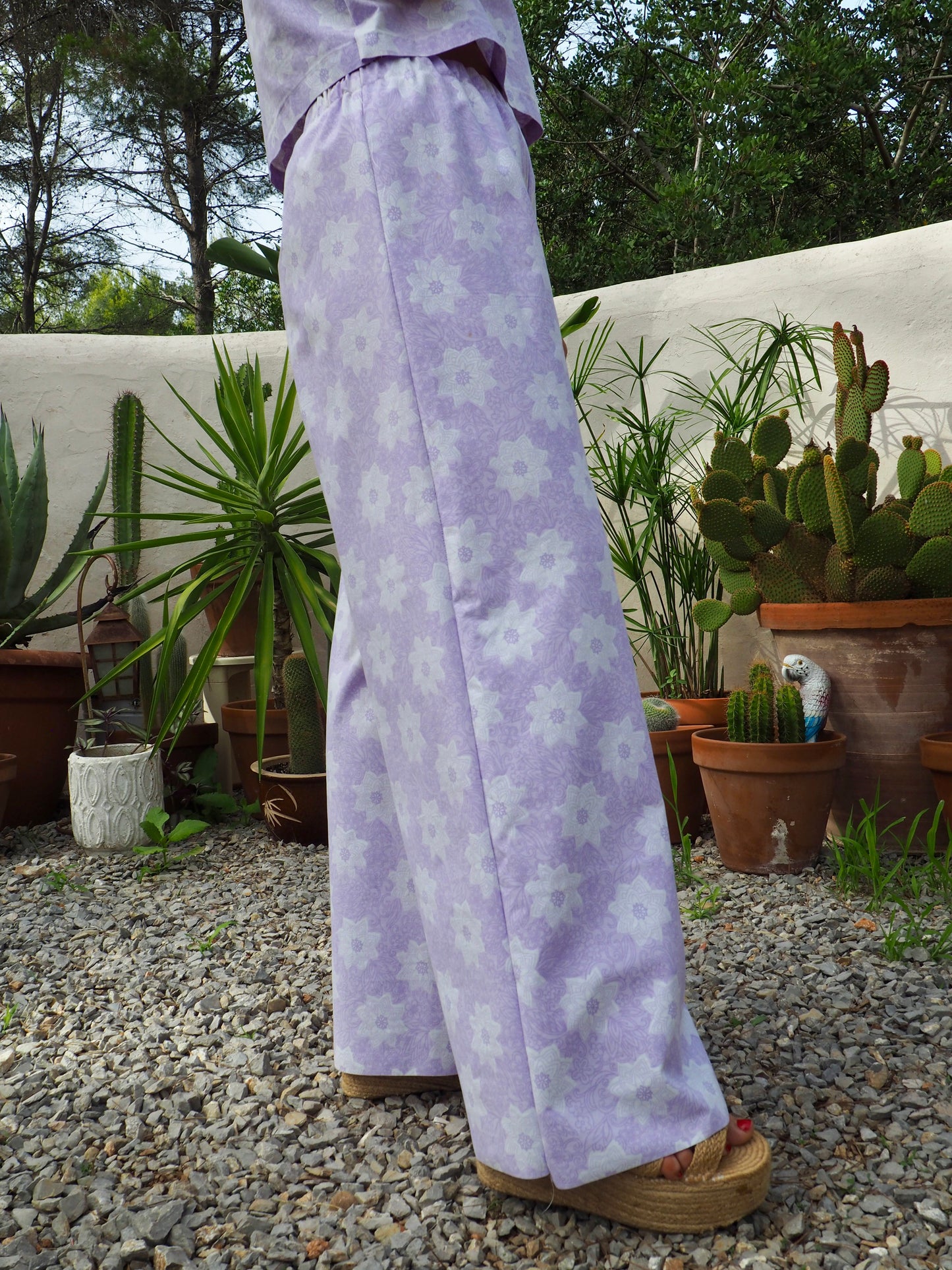 Vintage purple and white floral pattern textiles crop top t-shirt up-cycled by Vagabond Ibiza