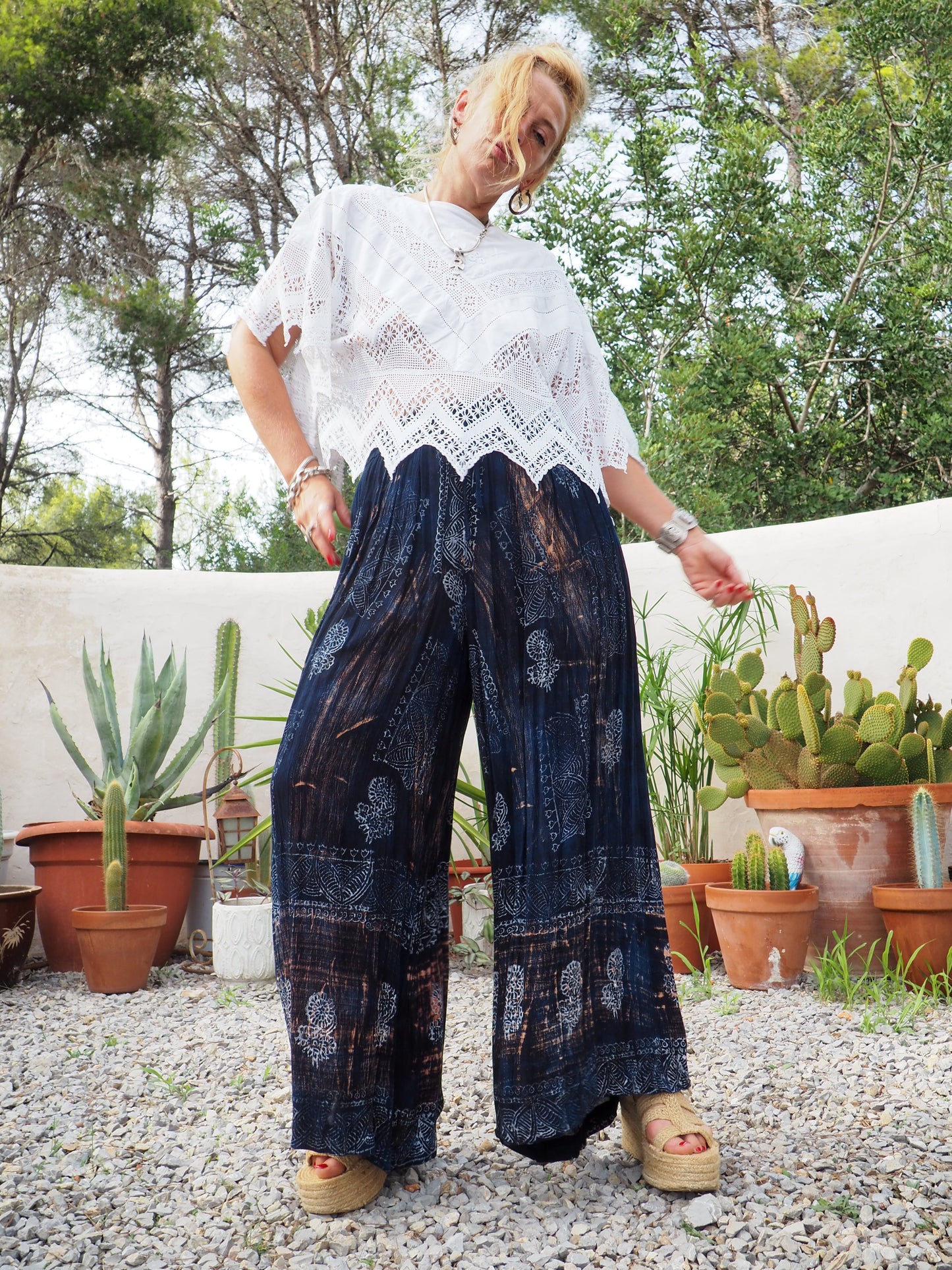 Vintage Indian fine thin cotton navy blue really wide leg pants with gold motifs and elasticated waist.