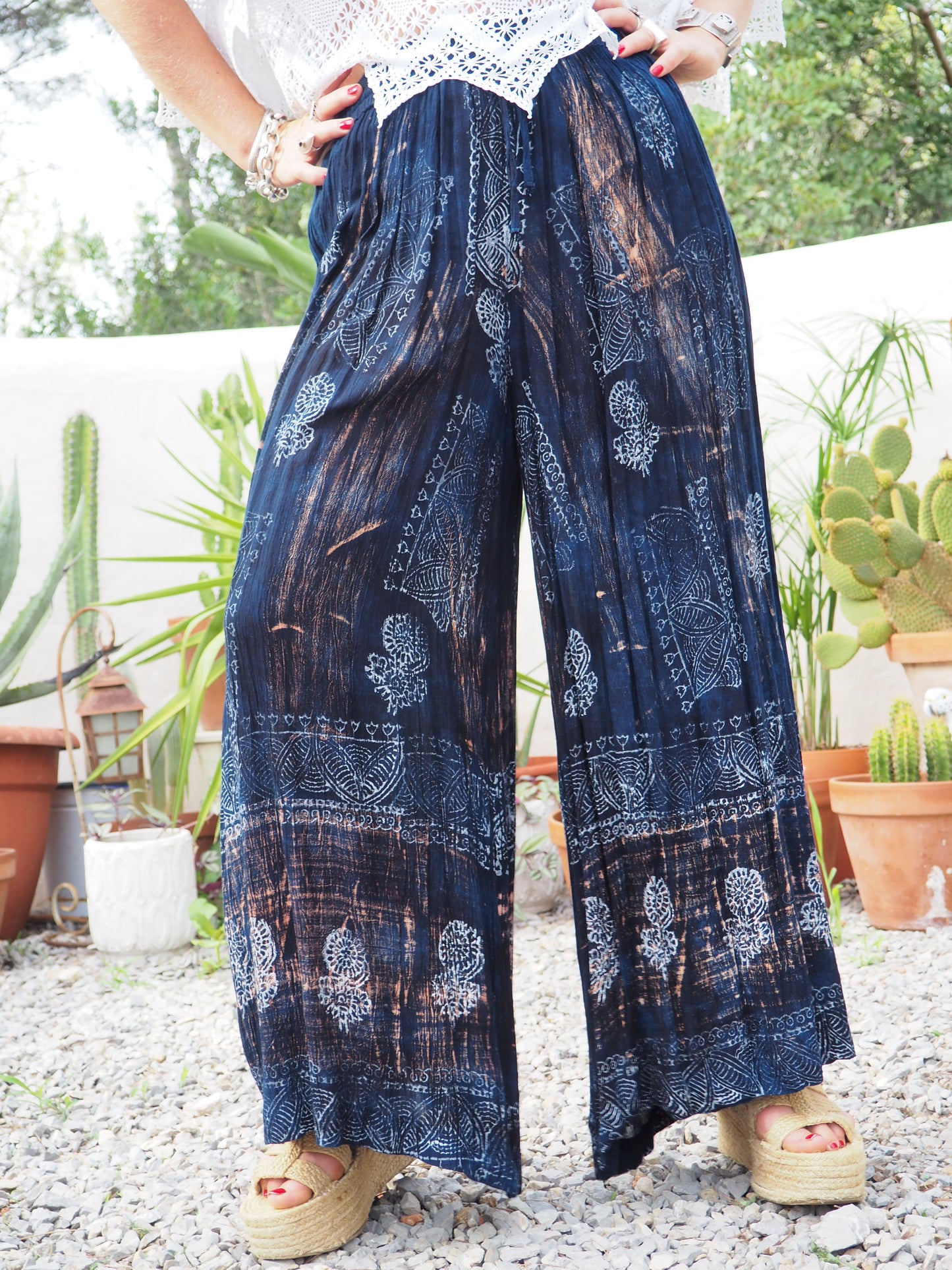 Vintage Indian fine thin cotton navy blue really wide leg pants with gold motifs and elasticated waist.