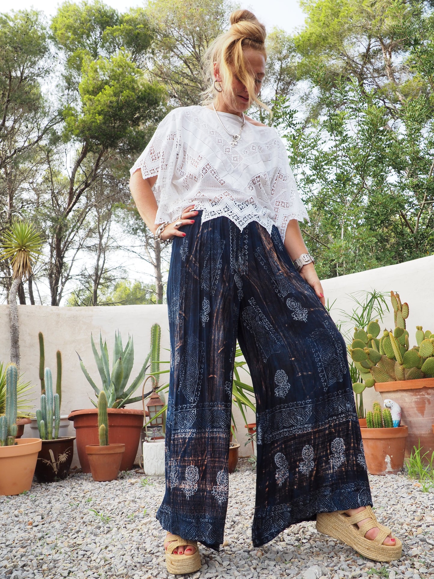 Vintage Indian fine thin cotton navy blue really wide leg pants with gold motifs and elasticated waist.