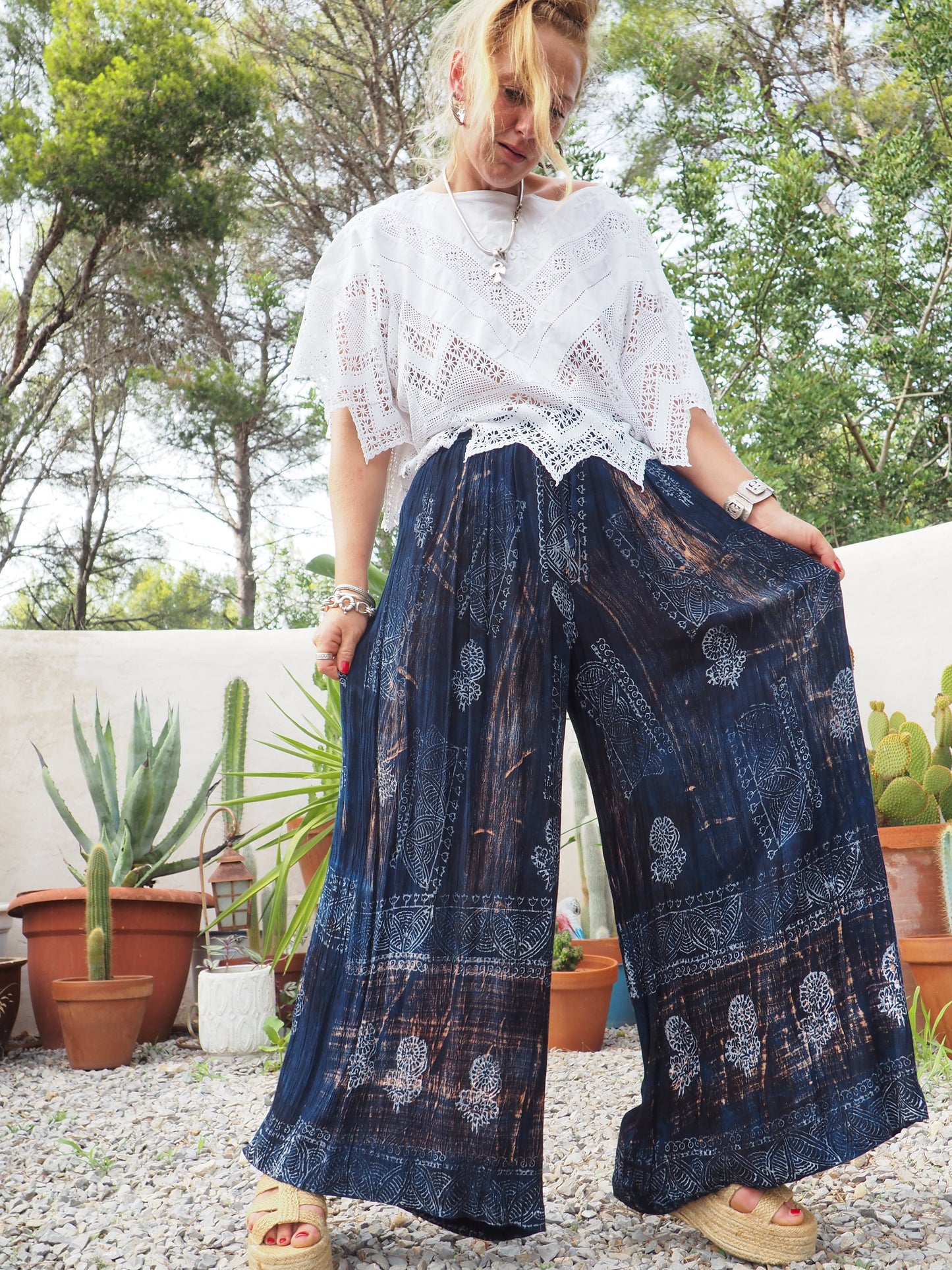 Vintage Indian fine thin cotton navy blue really wide leg pants with gold motifs and elasticated waist.