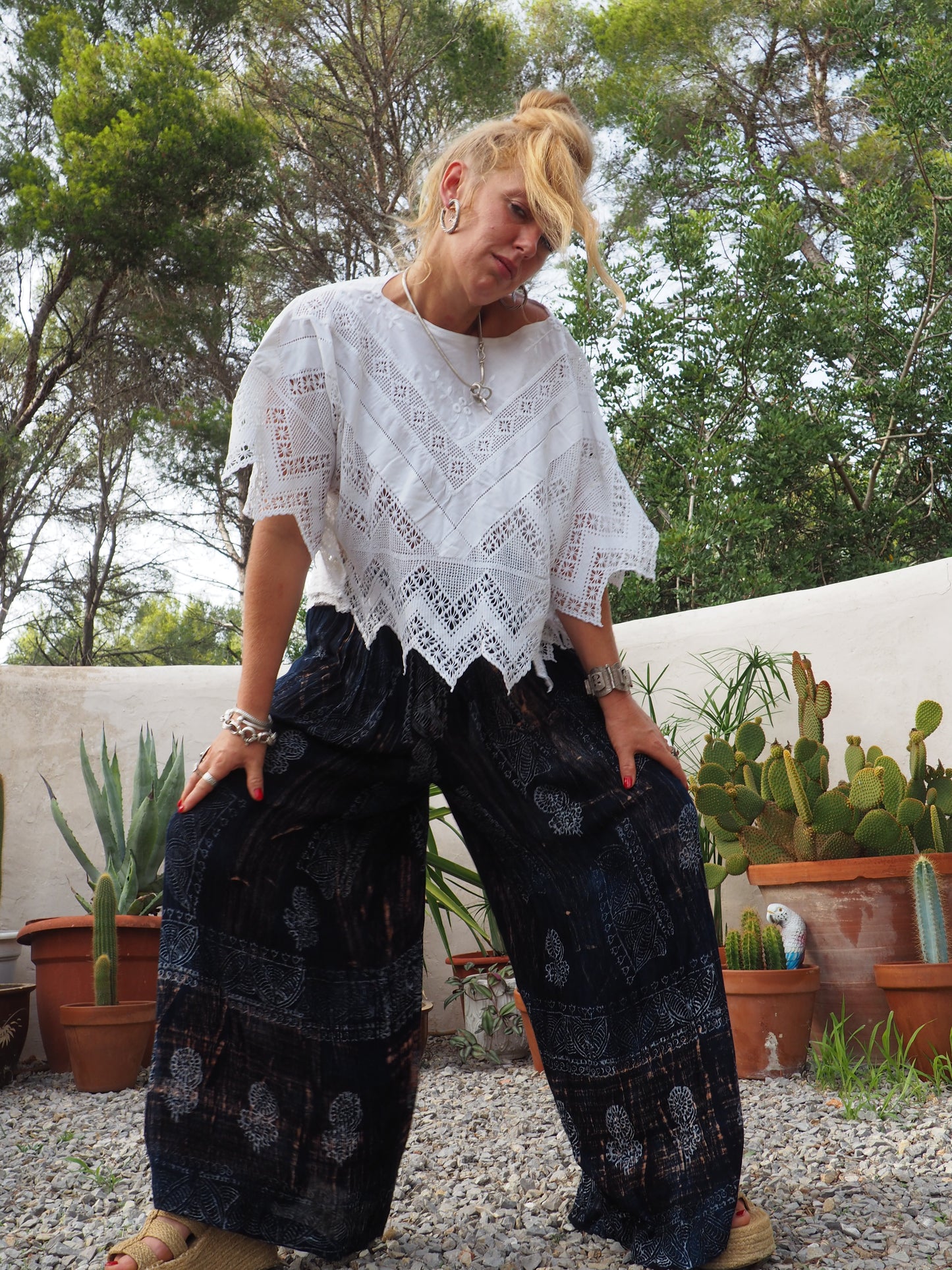Vintage Indian fine thin cotton navy blue really wide leg pants with gold motifs and elasticated waist.