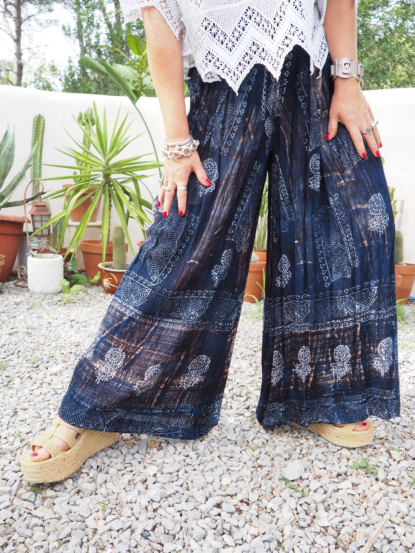 Vintage Indian fine thin cotton navy blue really wide leg pants with gold motifs and elasticated waist.