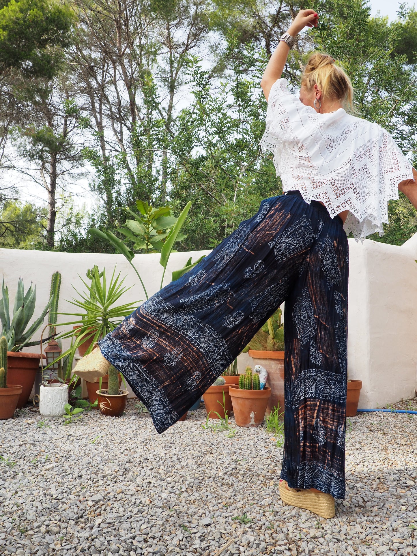 Vintage Indian fine thin cotton navy blue really wide leg pants with gold motifs and elasticated waist.