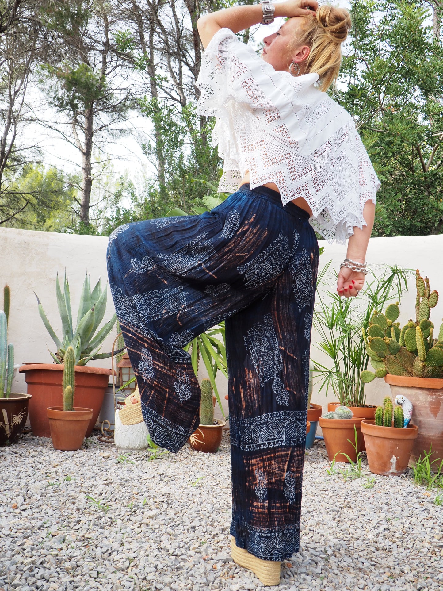 Vintage Indian fine thin cotton navy blue really wide leg pants with gold motifs and elasticated waist.