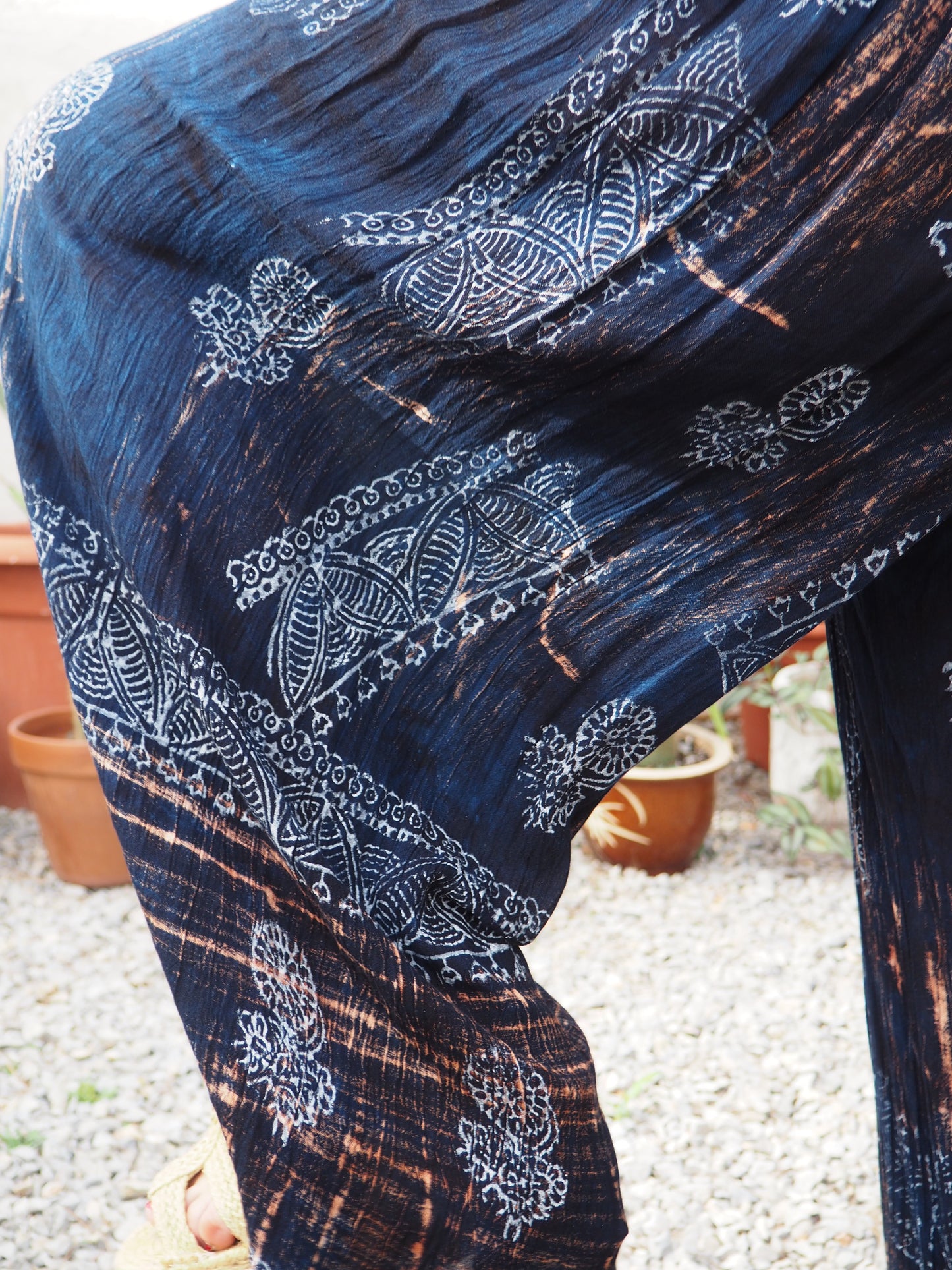 Vintage Indian fine thin cotton navy blue really wide leg pants with gold motifs and elasticated waist.