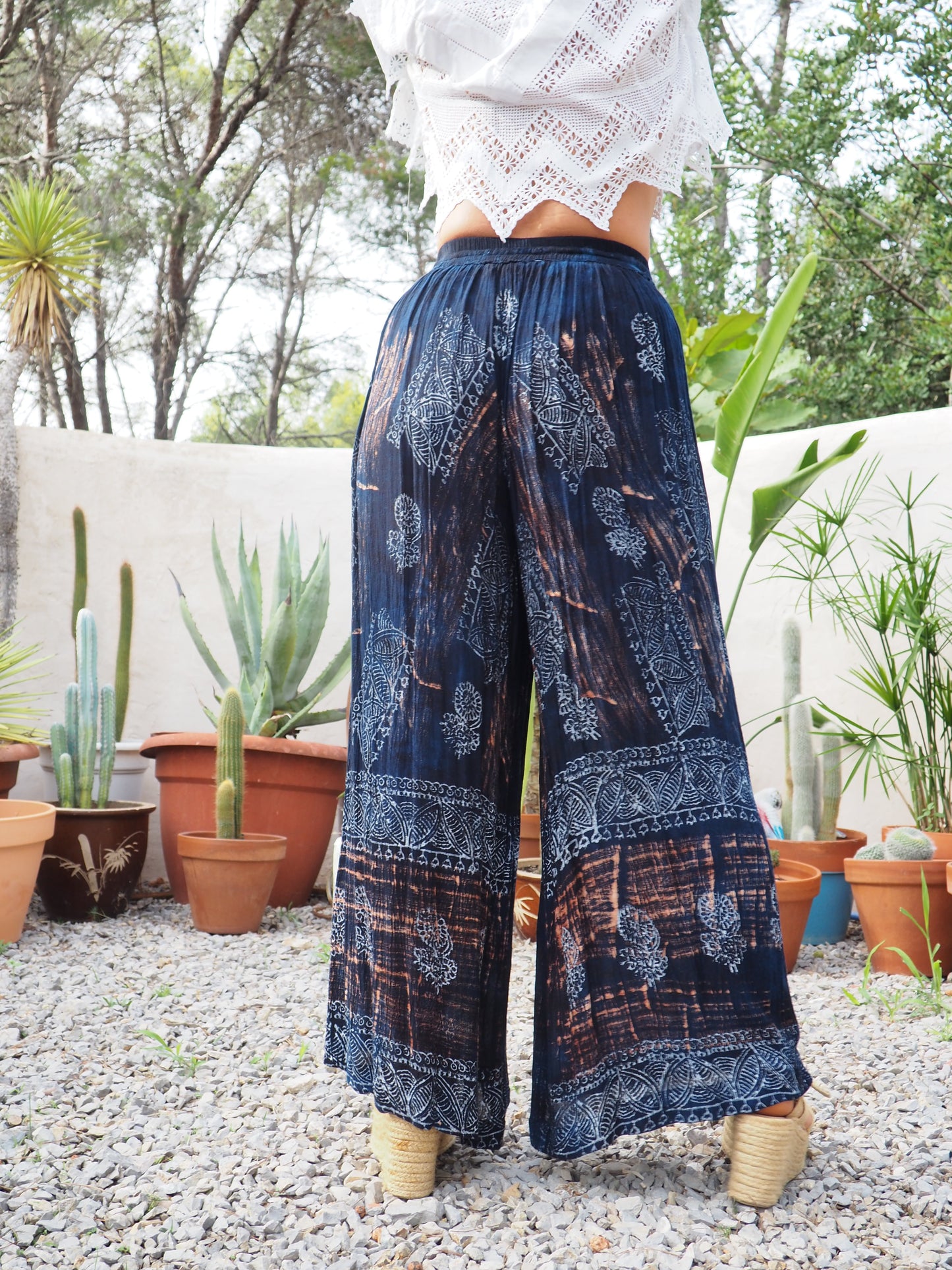 Vintage Indian fine thin cotton navy blue really wide leg pants with gold motifs and elasticated waist.