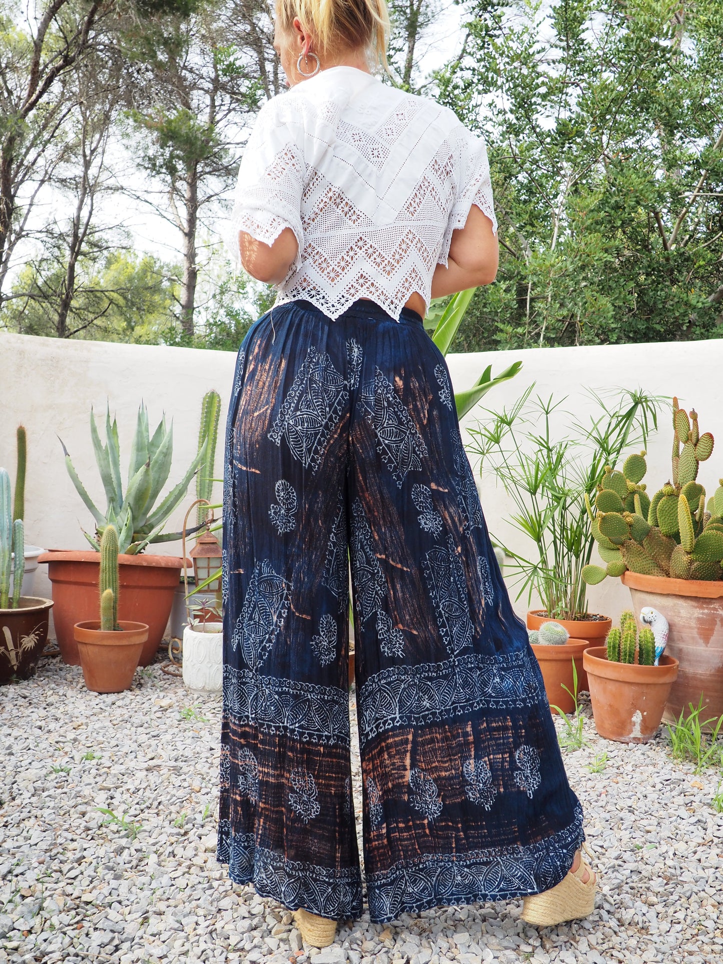 Vintage Indian fine thin cotton navy blue really wide leg pants with gold motifs and elasticated waist.
